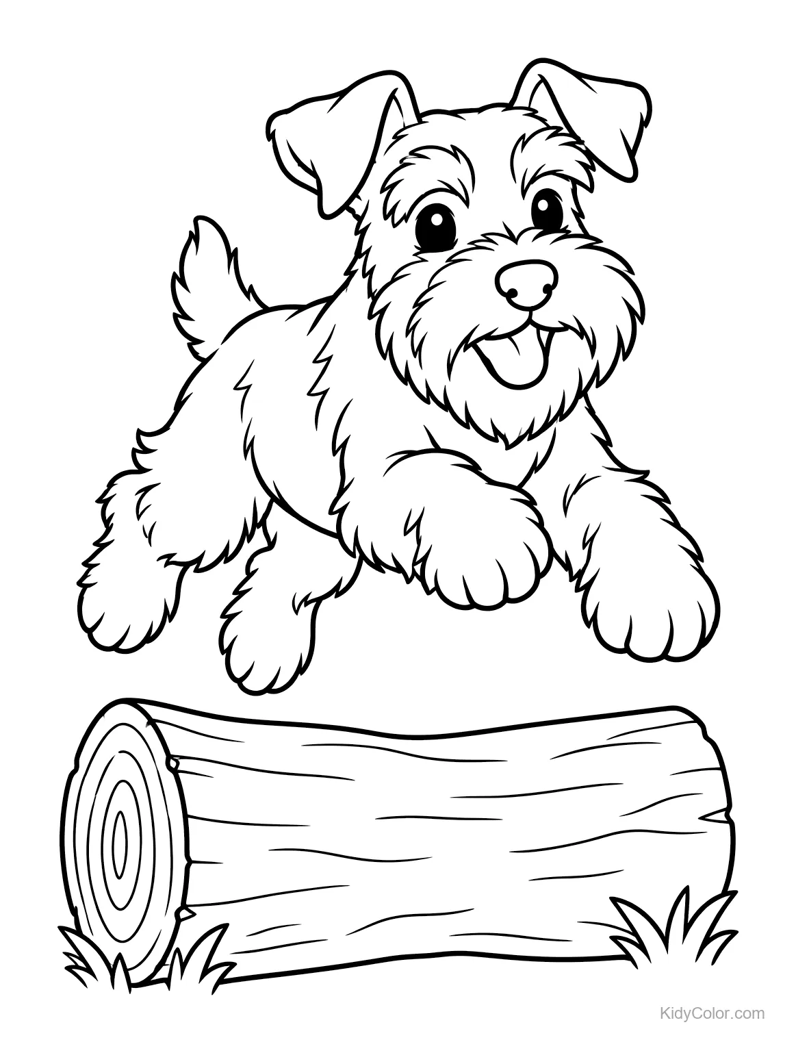 Zwergschnauzer springt über einen Baumstamm.