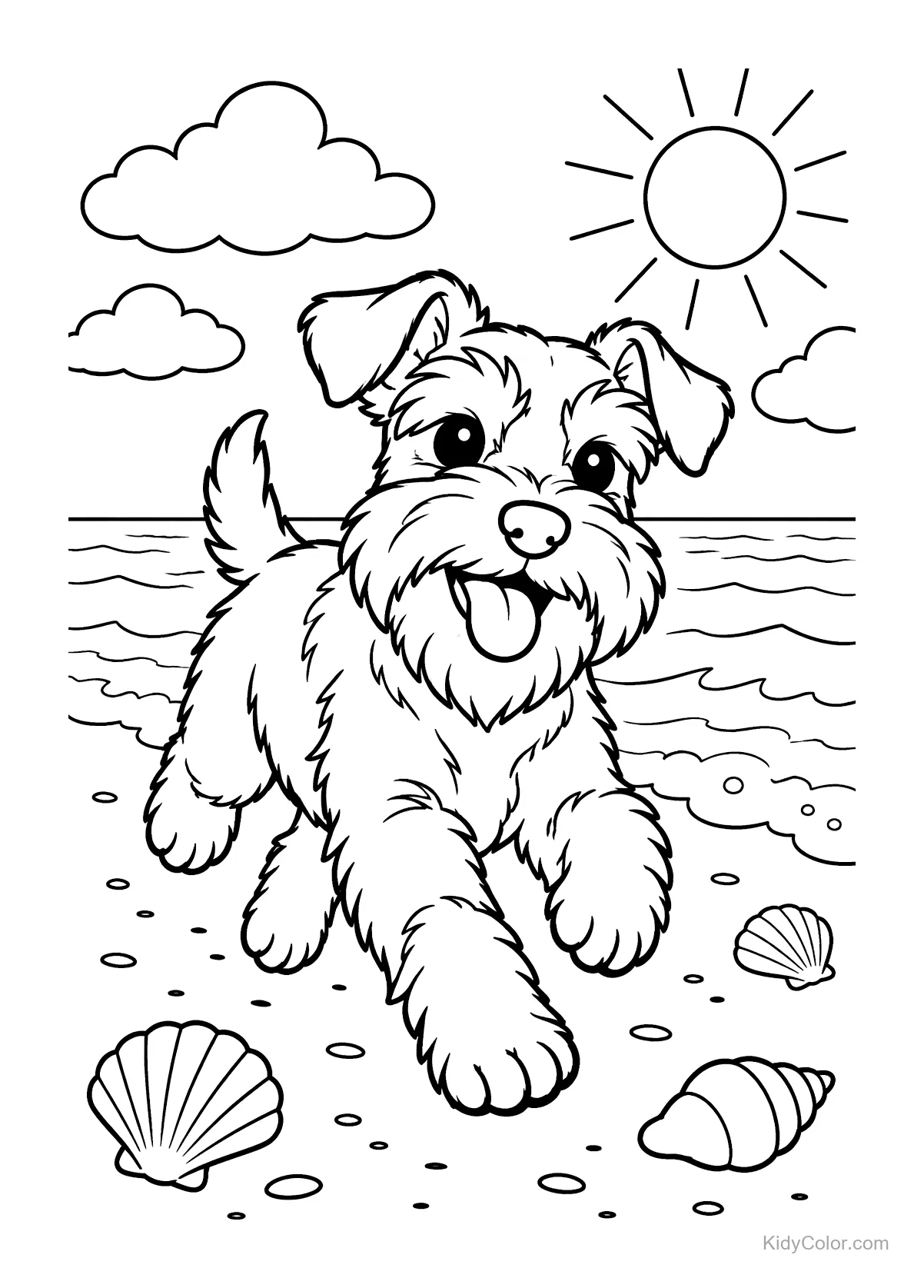 Miniatur-Schnauzer läuft am Strand mit Muscheln und Sonne.