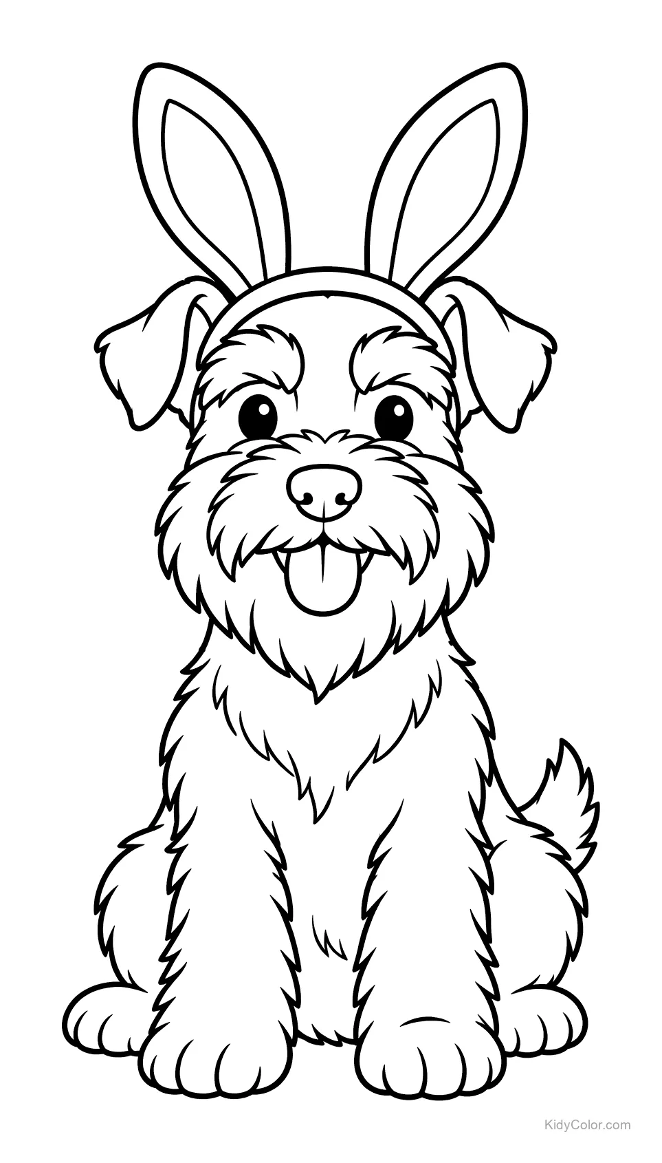 Schnauzer nano con orecchie da coniglio seduto felice.