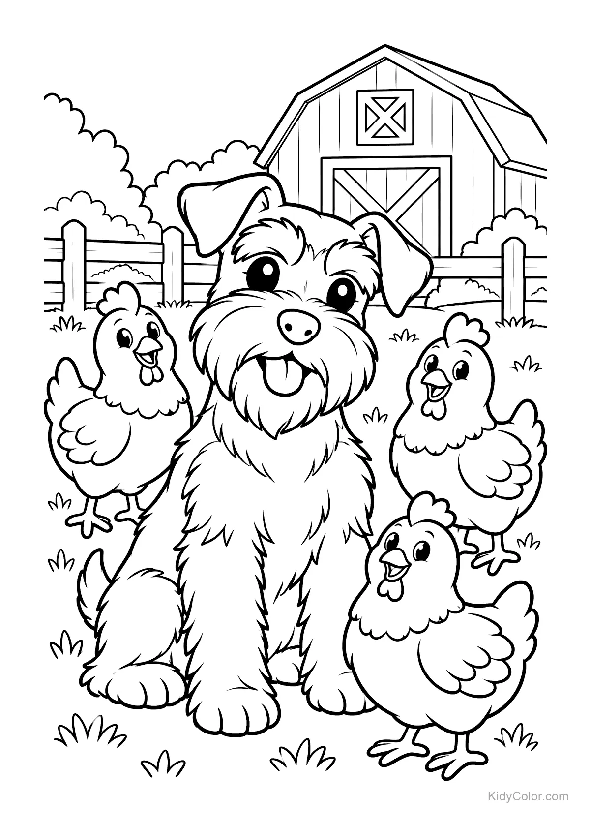 Miniatuur schnauzer met drie kippen op een boerderij