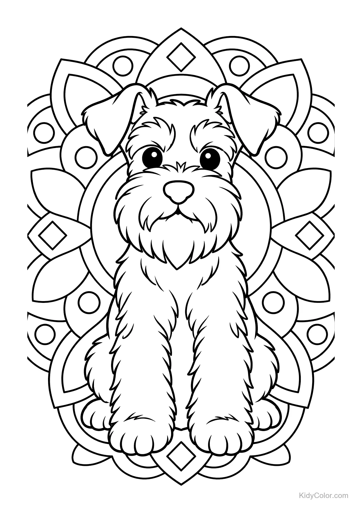 Miniatuur schnauzer zittend voor een mandala