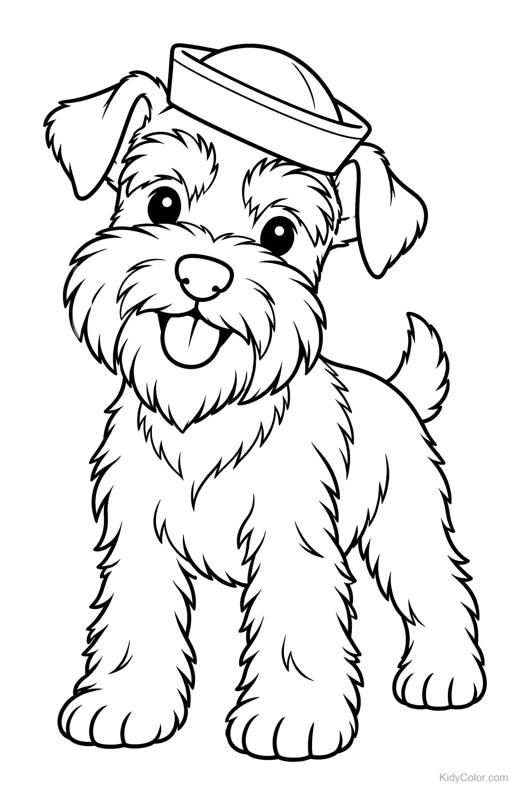 Miniatuur schnauzer met matrozenpet, staand en glimlachend.