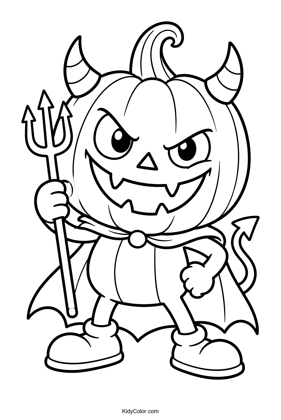 Mischievous pumpkin with devil horns, cape, trident.