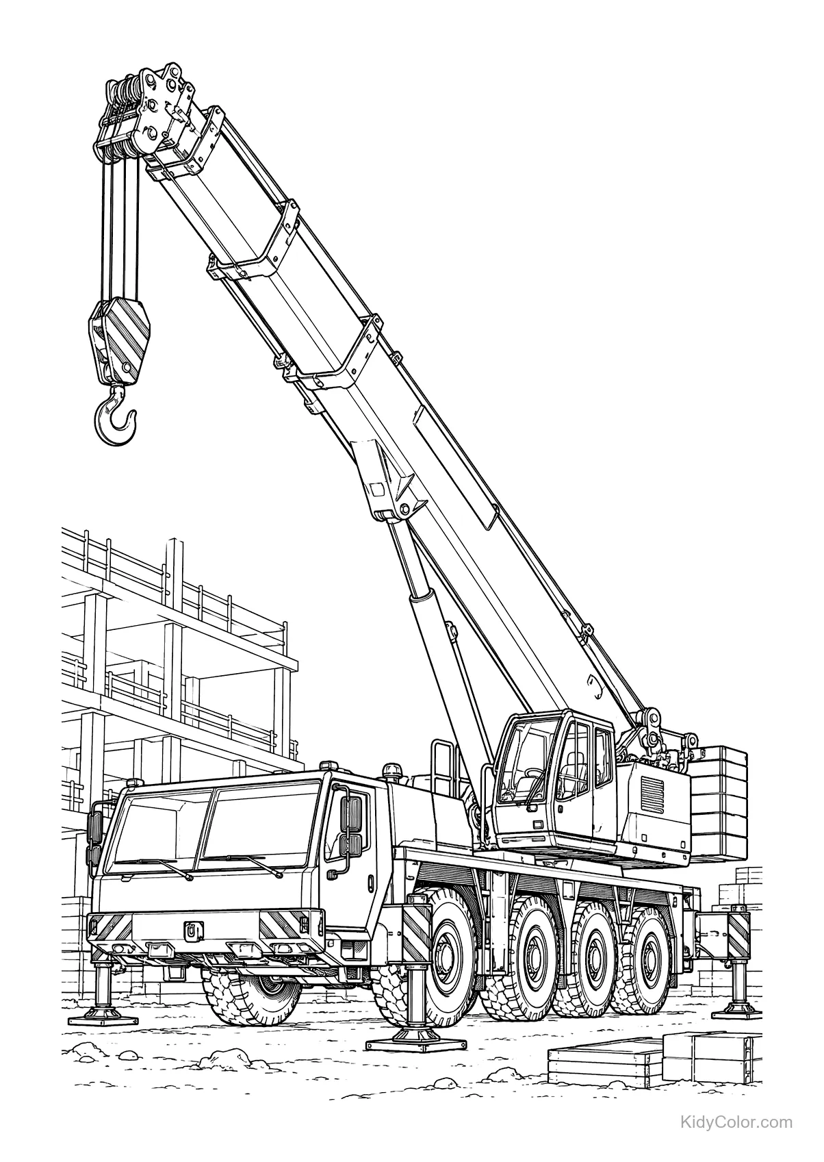 A mobile crane at a construction site with buildings in the background.
