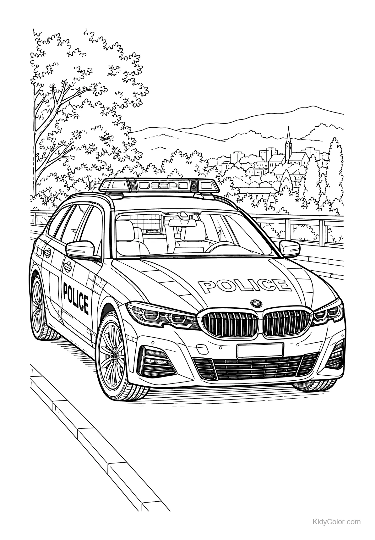 A modern BMW police car parked with a cityscape in the background.