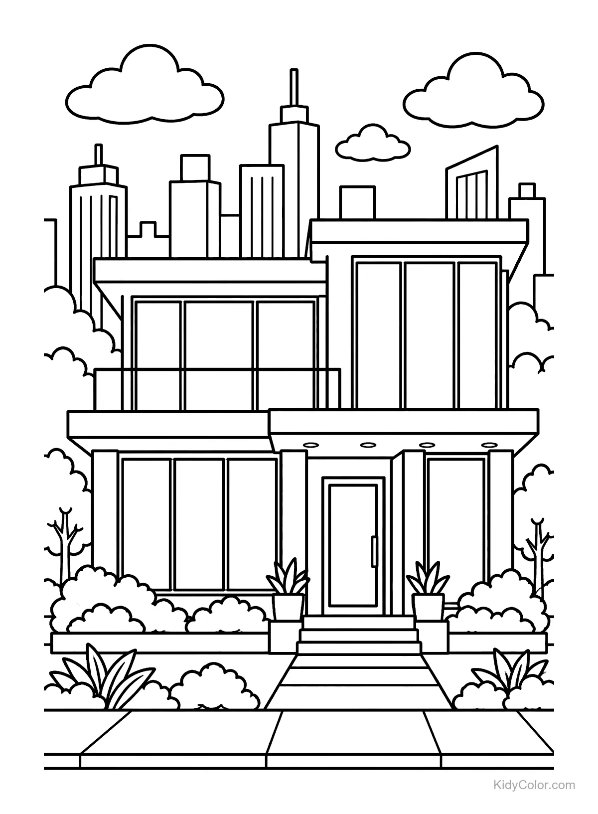 Casa moderna di vetro con grandi finestre e skyline cittadino.