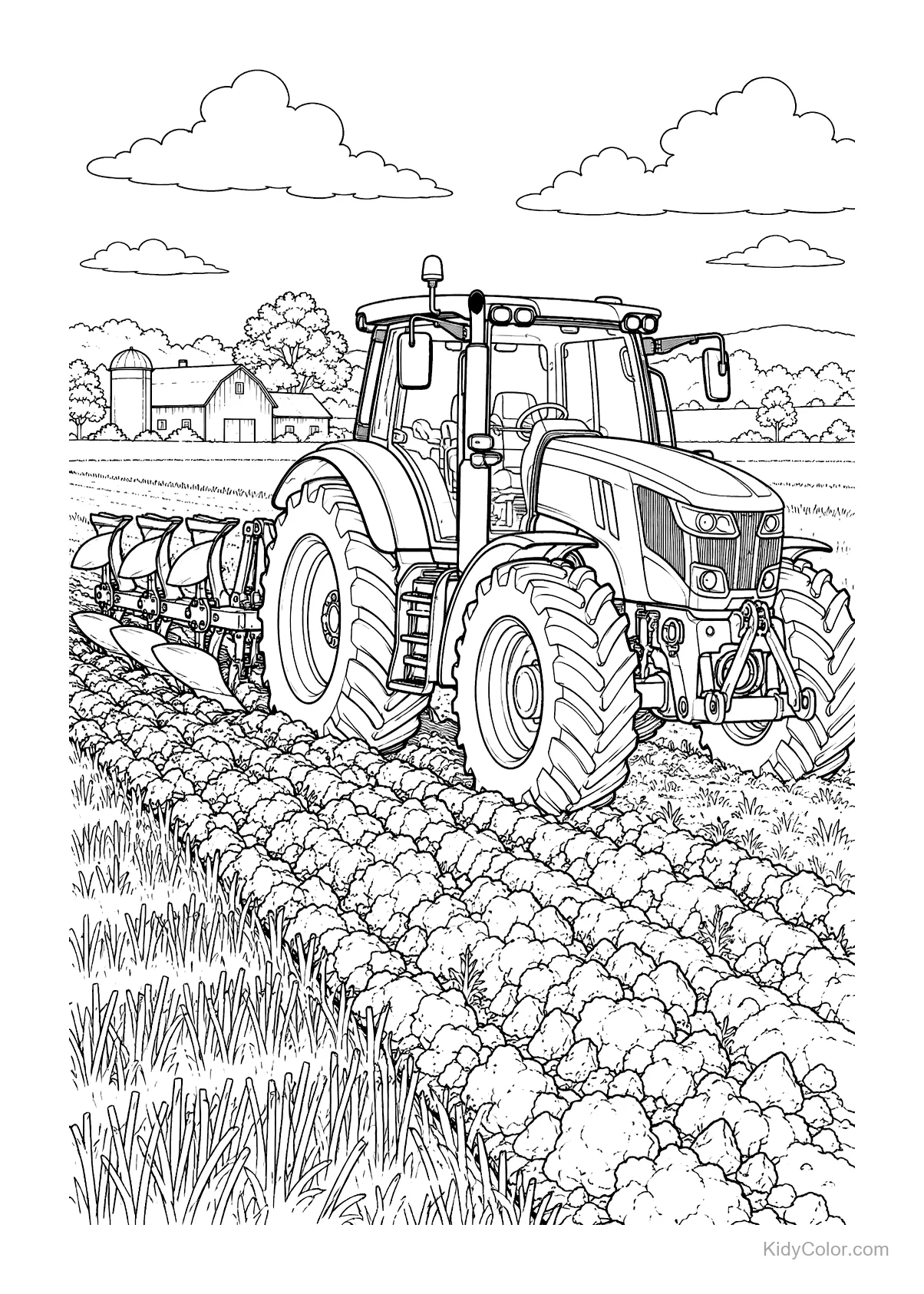 Modern tractor plowing a field with clouds and a farmhouse.
