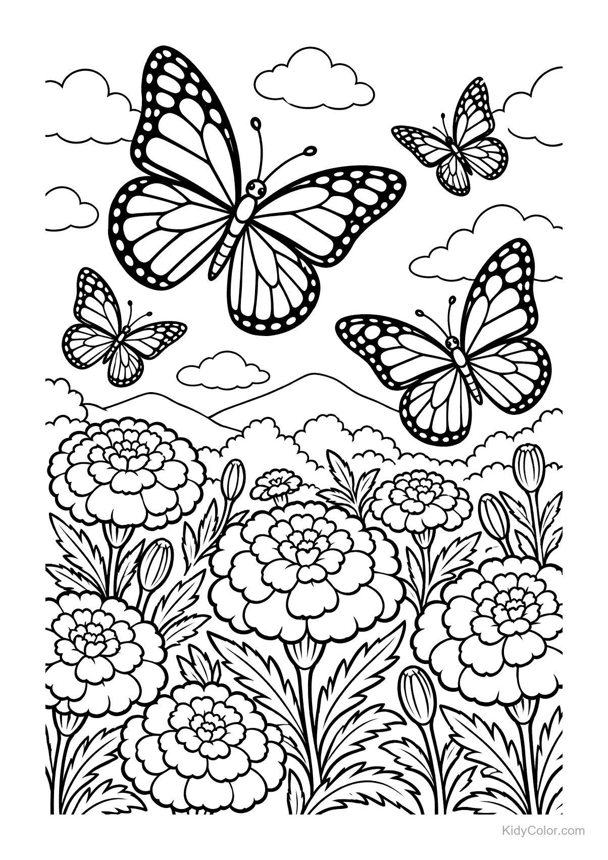 Monarch butterflies flying over marigold flowers with clouds and hills in the background.