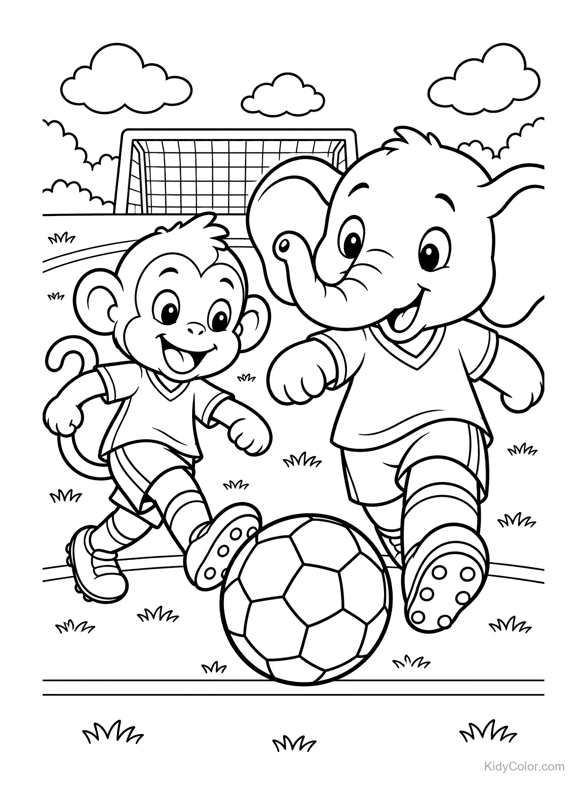 Aap en olifant spelen voetbal voor een doel.