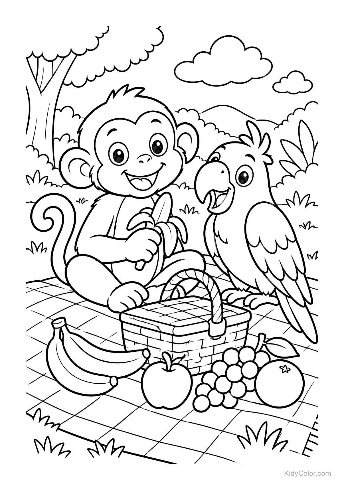 Aap en papegaai bij een picknick met fruit en een mand.
