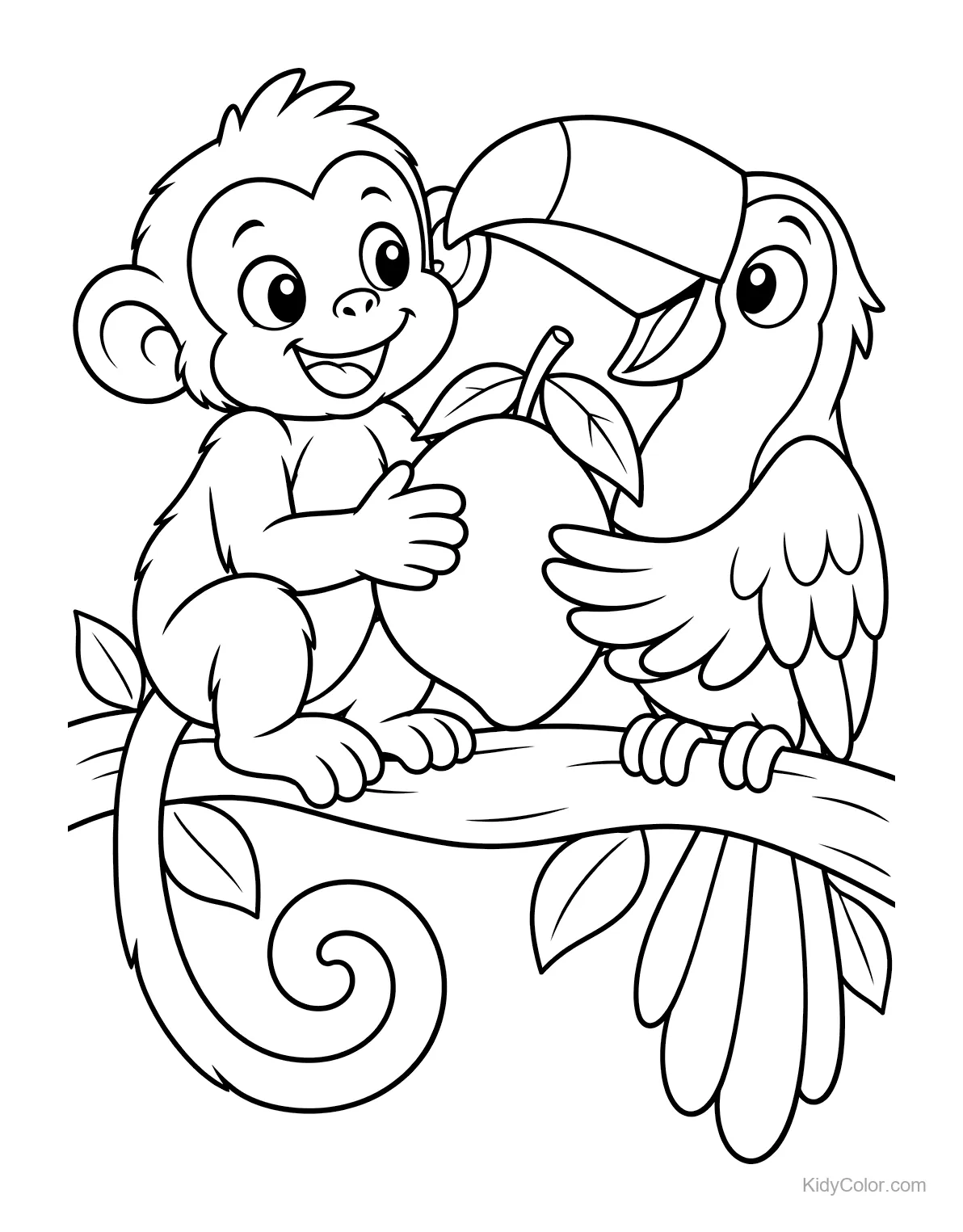 Macaco e tucano dividindo uma fruta em um galho.