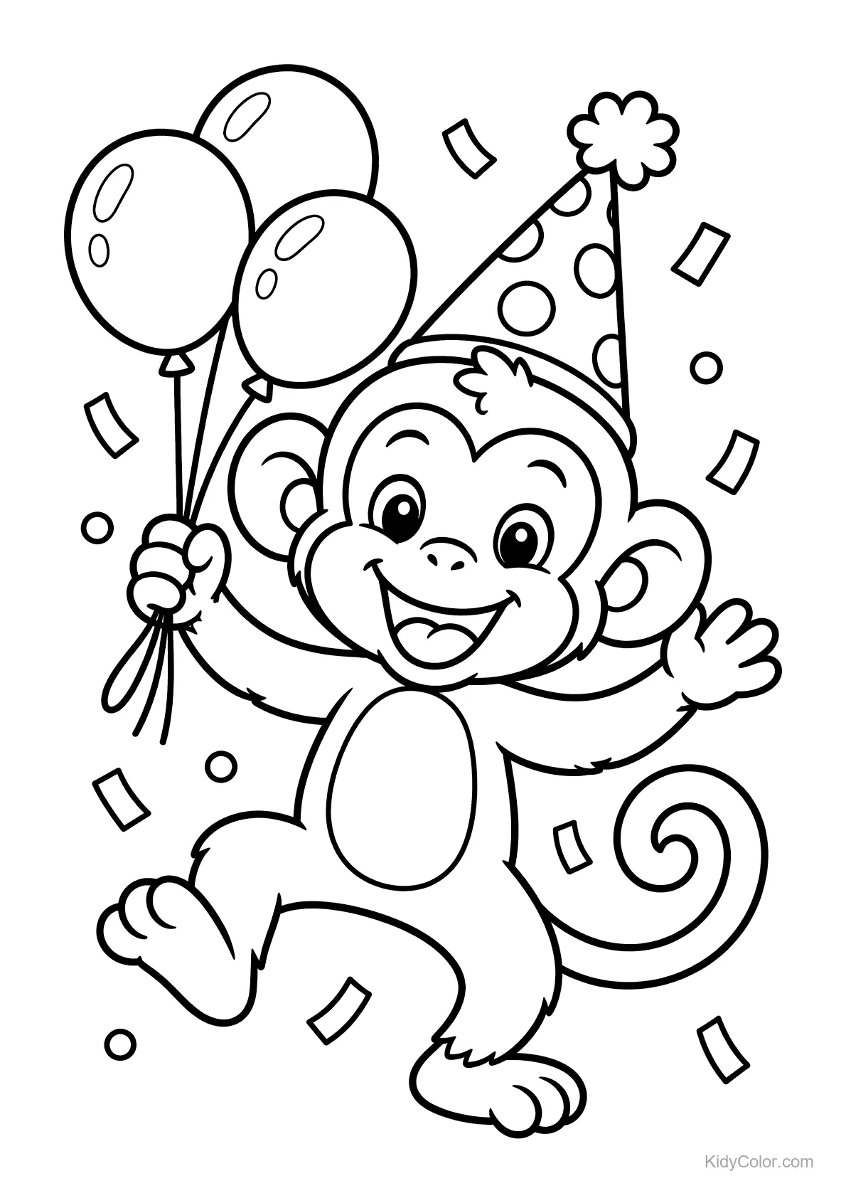 Monkey with party hat holding balloons and surrounded by confetti.