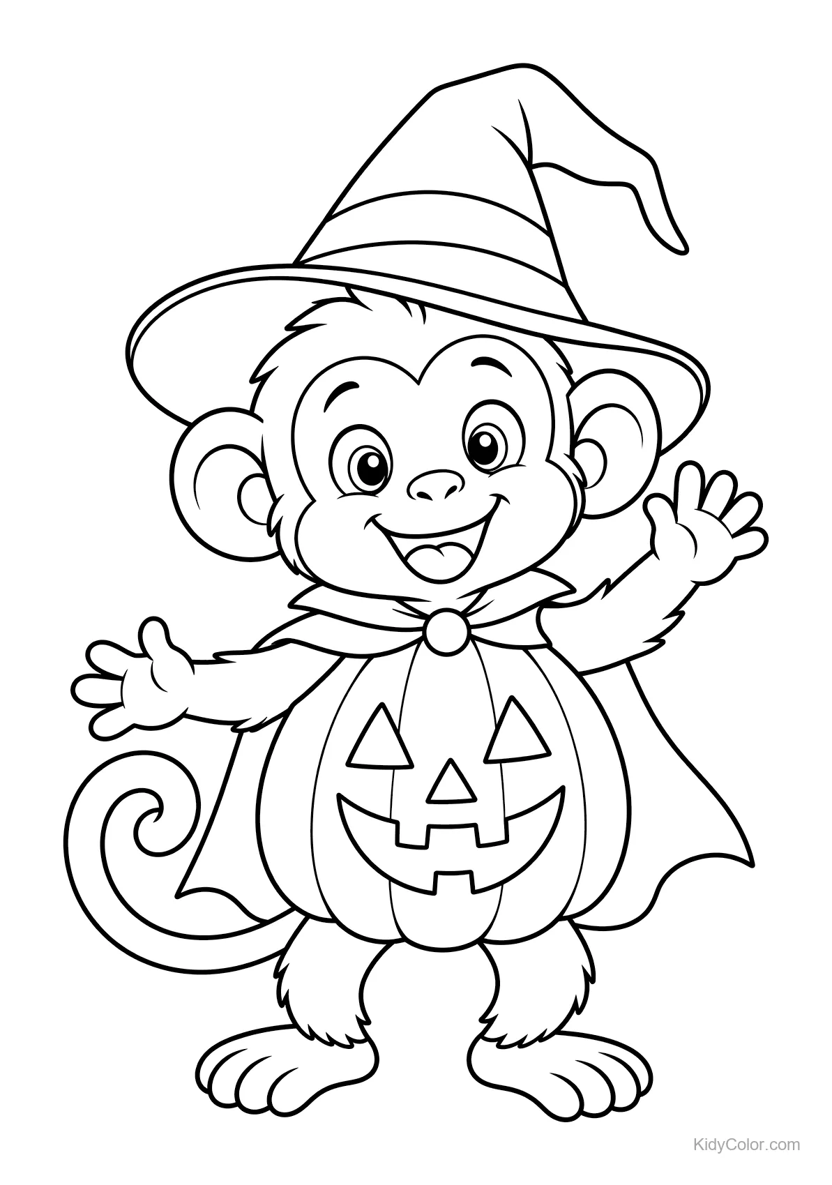 Een aap verkleed als Halloweenheks in een pompoenpak.