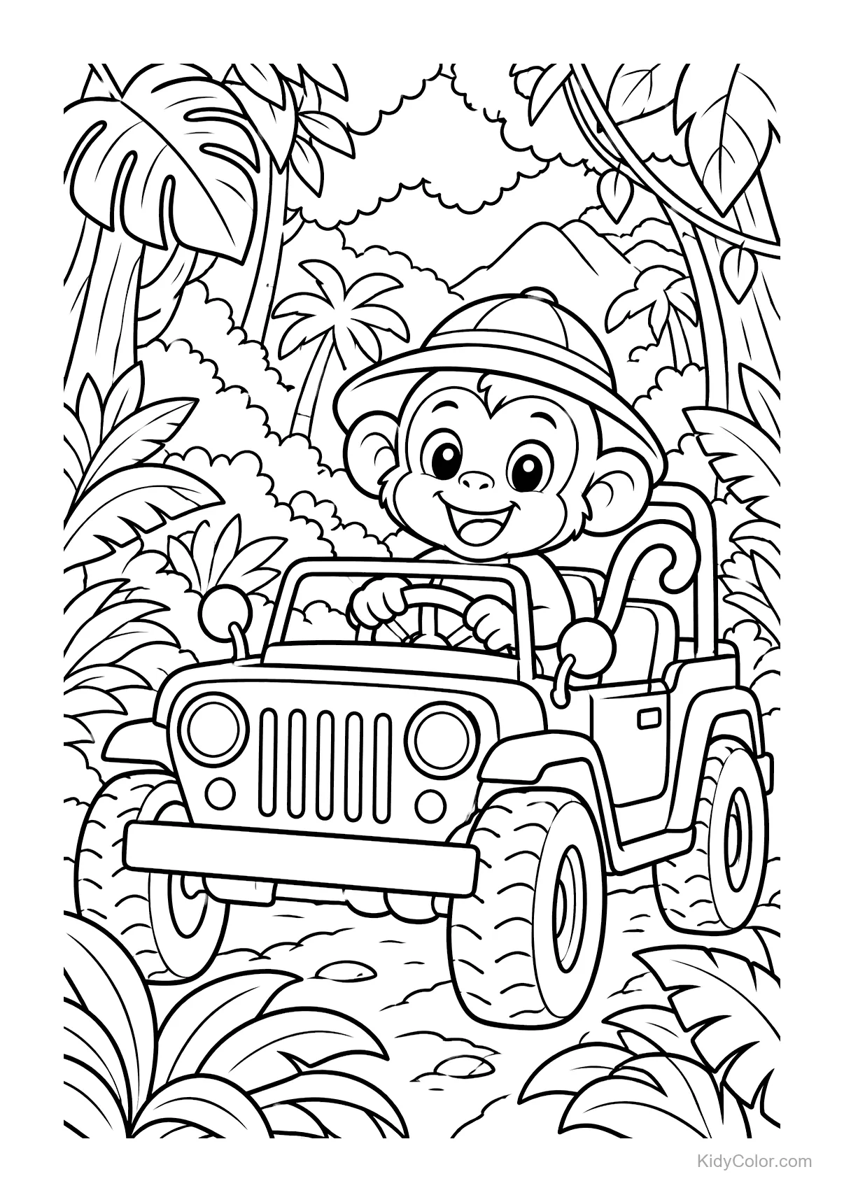 Aap met hoed rijdt in jeep door de jungle