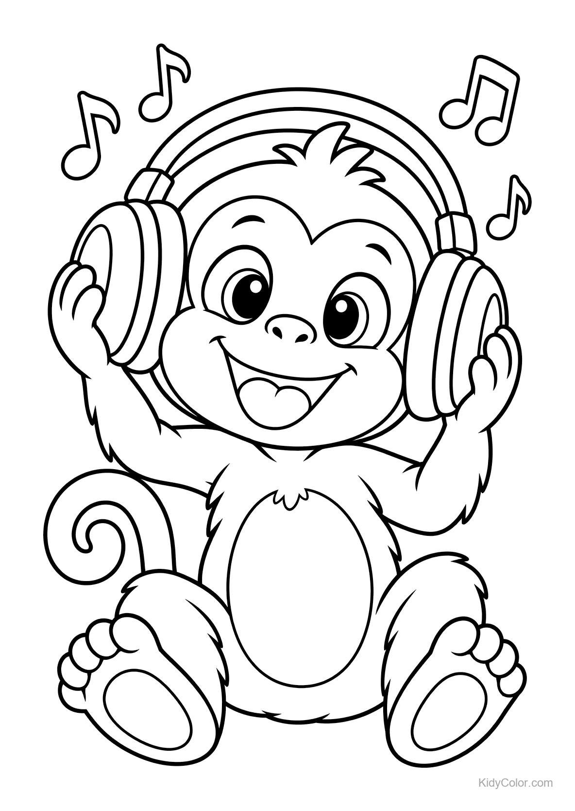 Vrolijke cartoon aap met koptelefoon luistert naar muziek.