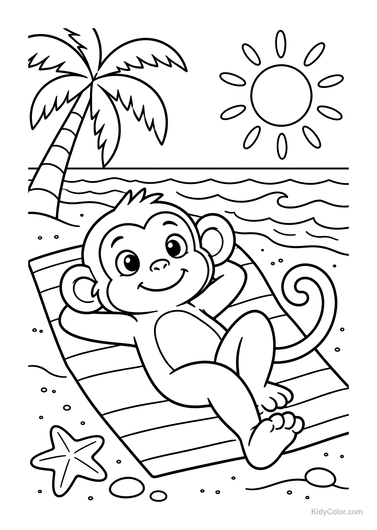 Aapje op een strandlaken bij de zee met een palmboom en zon.