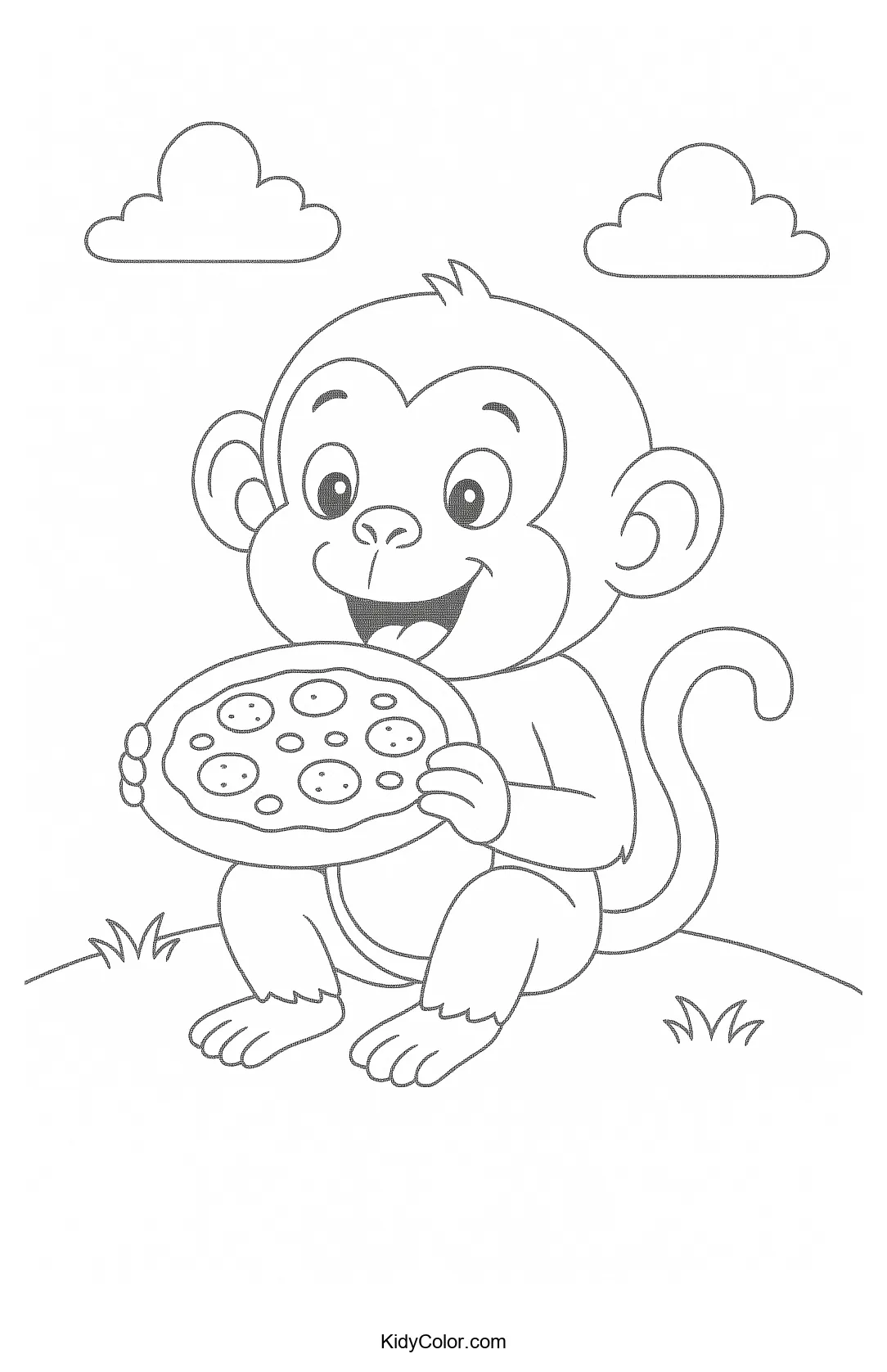 Monkey with pizza on a hill coloring page
