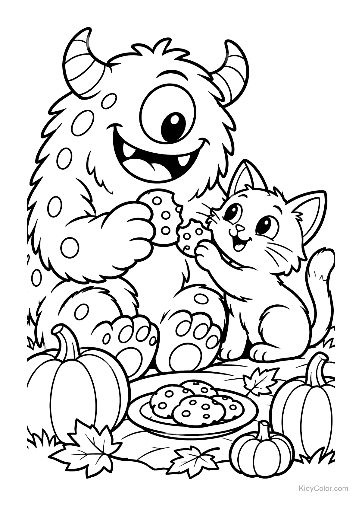 Monstruo amigable y gato con galletas y calabazas alrededor.