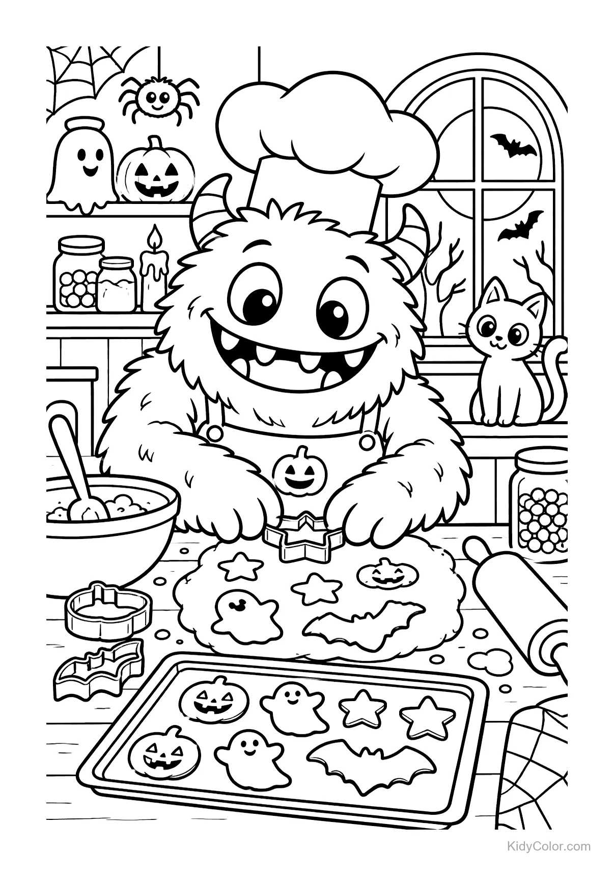 Monstruo horneando galletas de Halloween con un gato y una ventana.