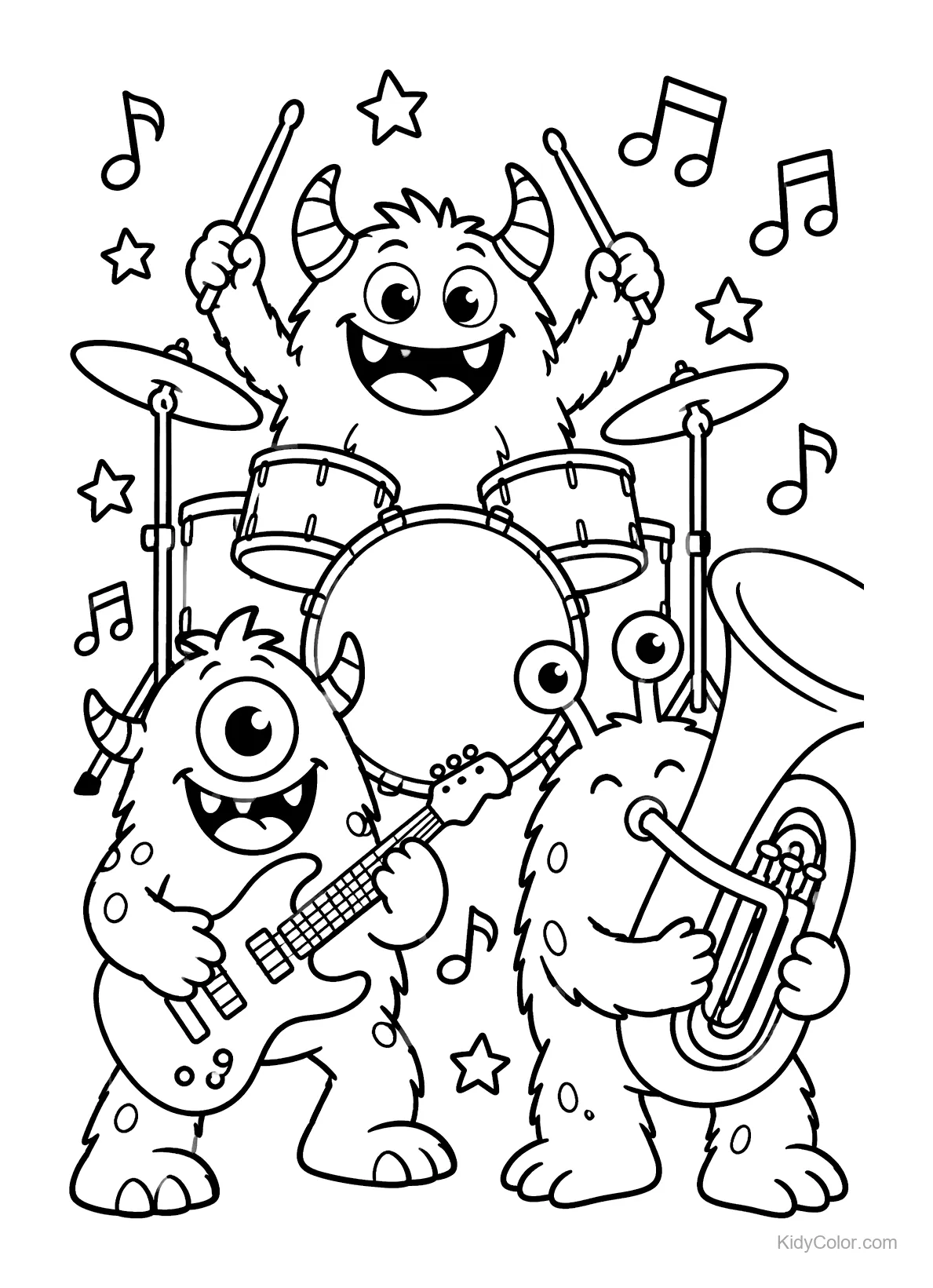 Tres monstruos amigables tocando instrumentos en una banda.