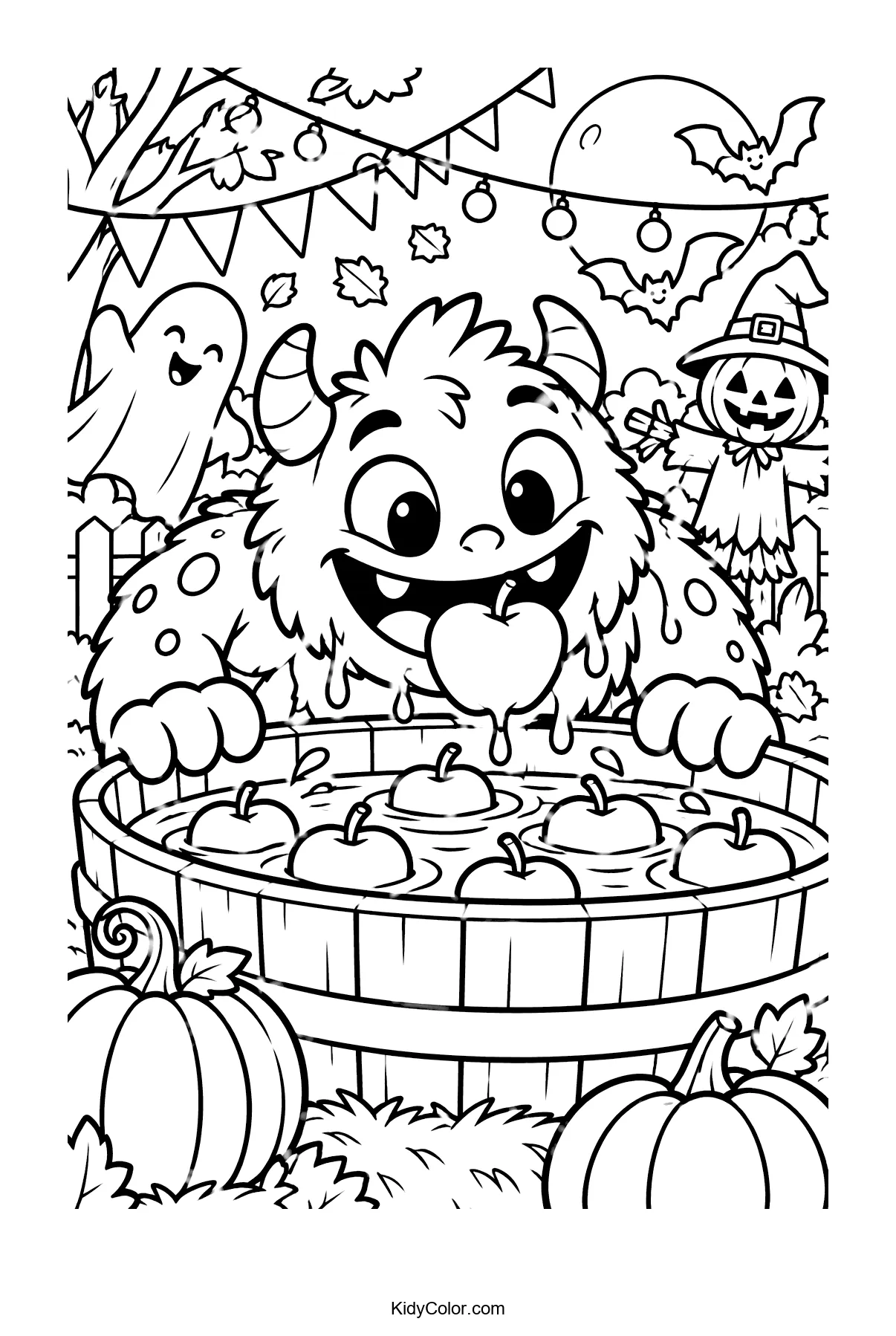 Monster bobbing for apples, with a ghost, pumpkins, and bunting.