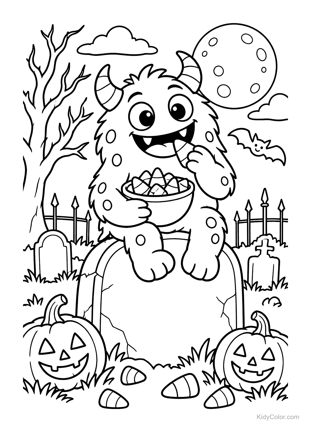 Monstruo simpático con tazón de dulces en un cementerio.