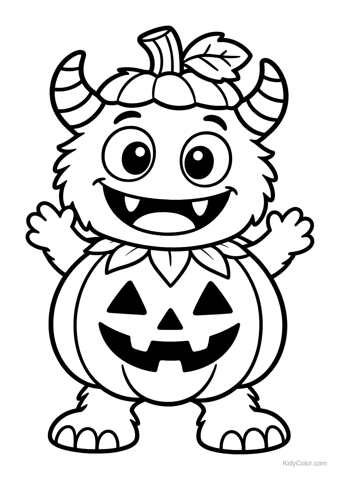 Monstruo con disfraz de calabaza, cuernos y ojos grandes.