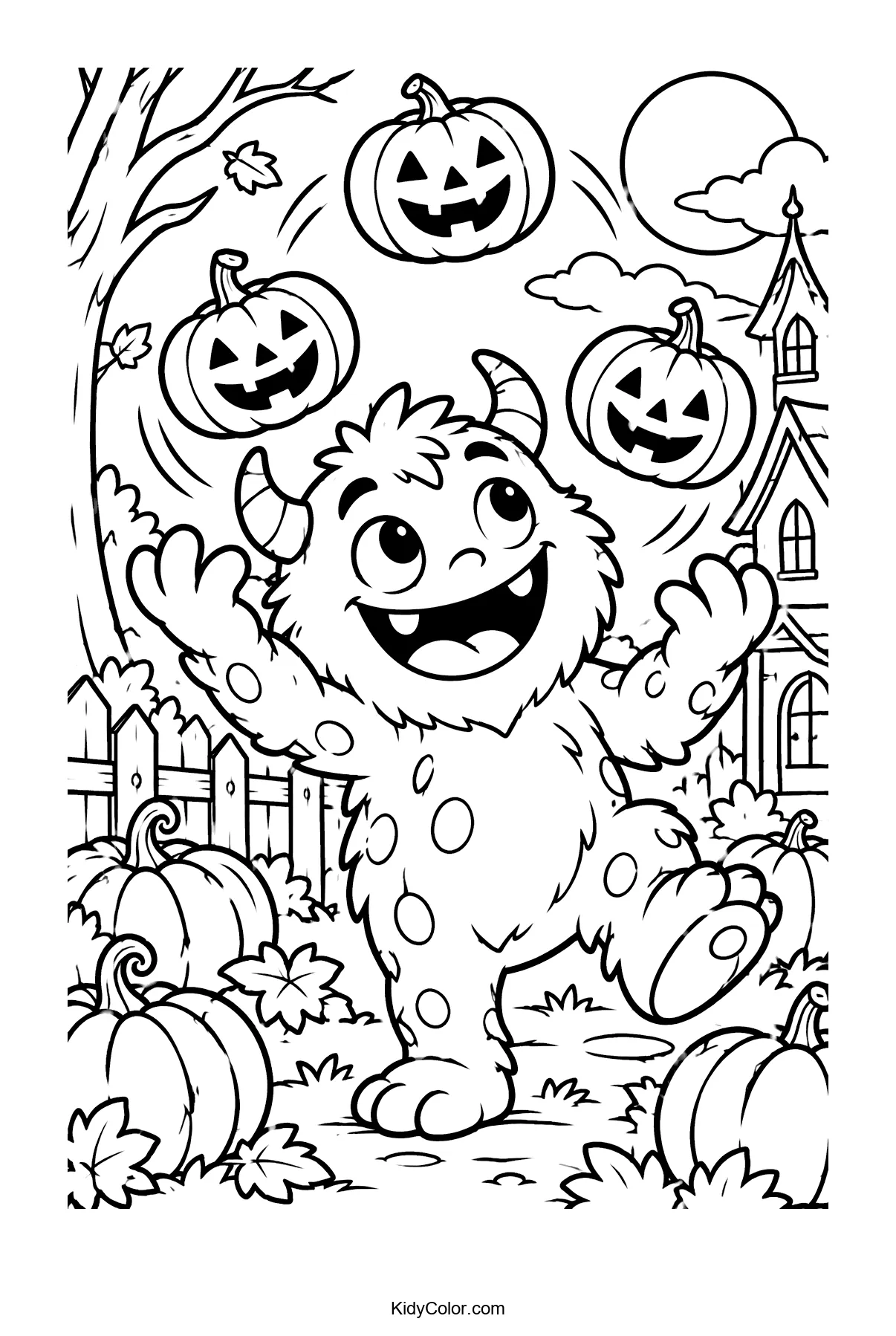 Monster with horns jugging pumpkins beside a haunted house.