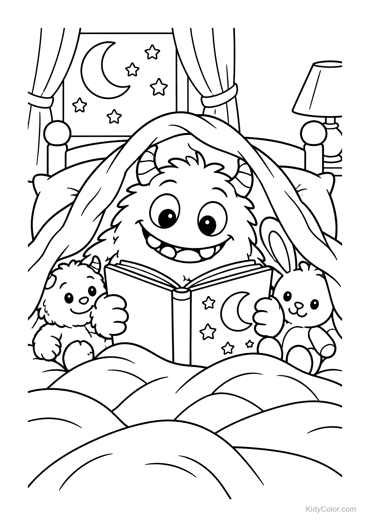 Monstruo en la cama leyendo un libro con juguetes de peluche.