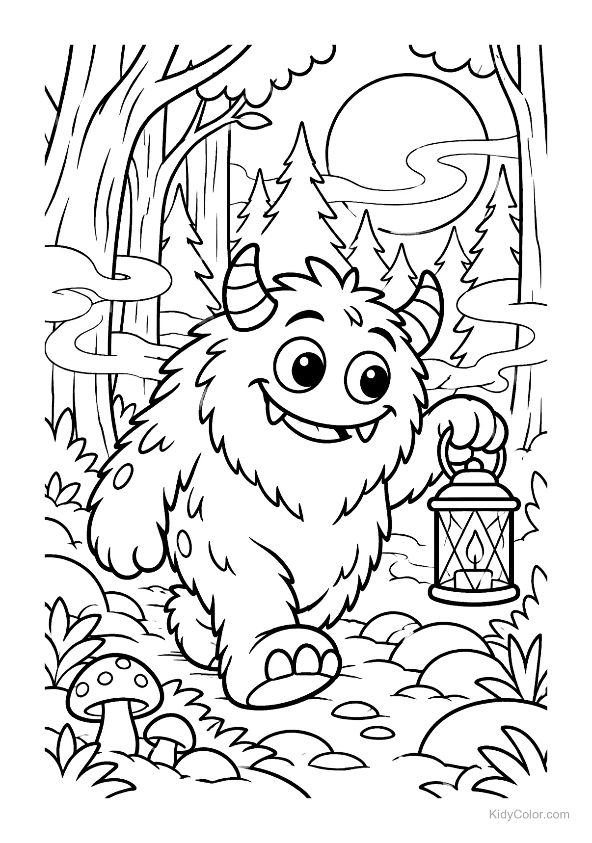 Monstruo amigable caminando por el bosque con una linterna bajo la luna.