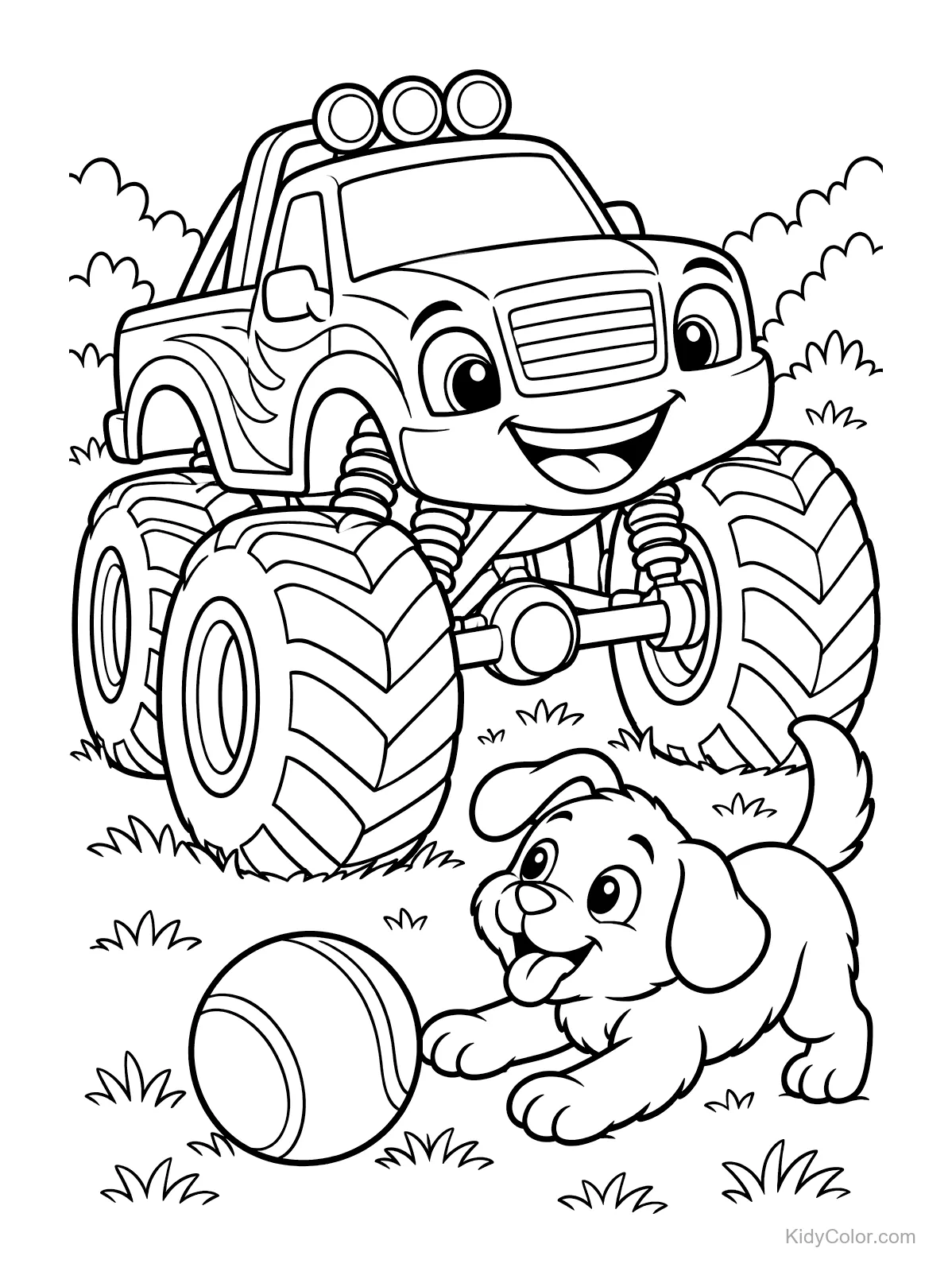 Fröhlicher Monstertruck neben einem spielenden Welpen mit Ball.