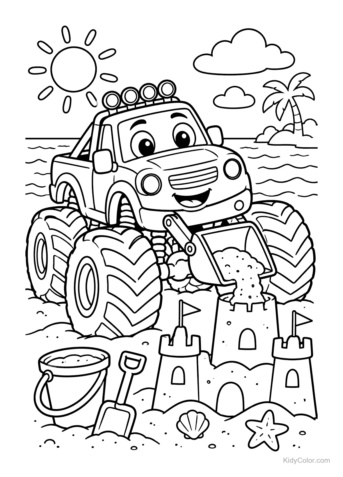 Monstertruck am Strand baut mit Schaufel und Eimer eine Sandburg.