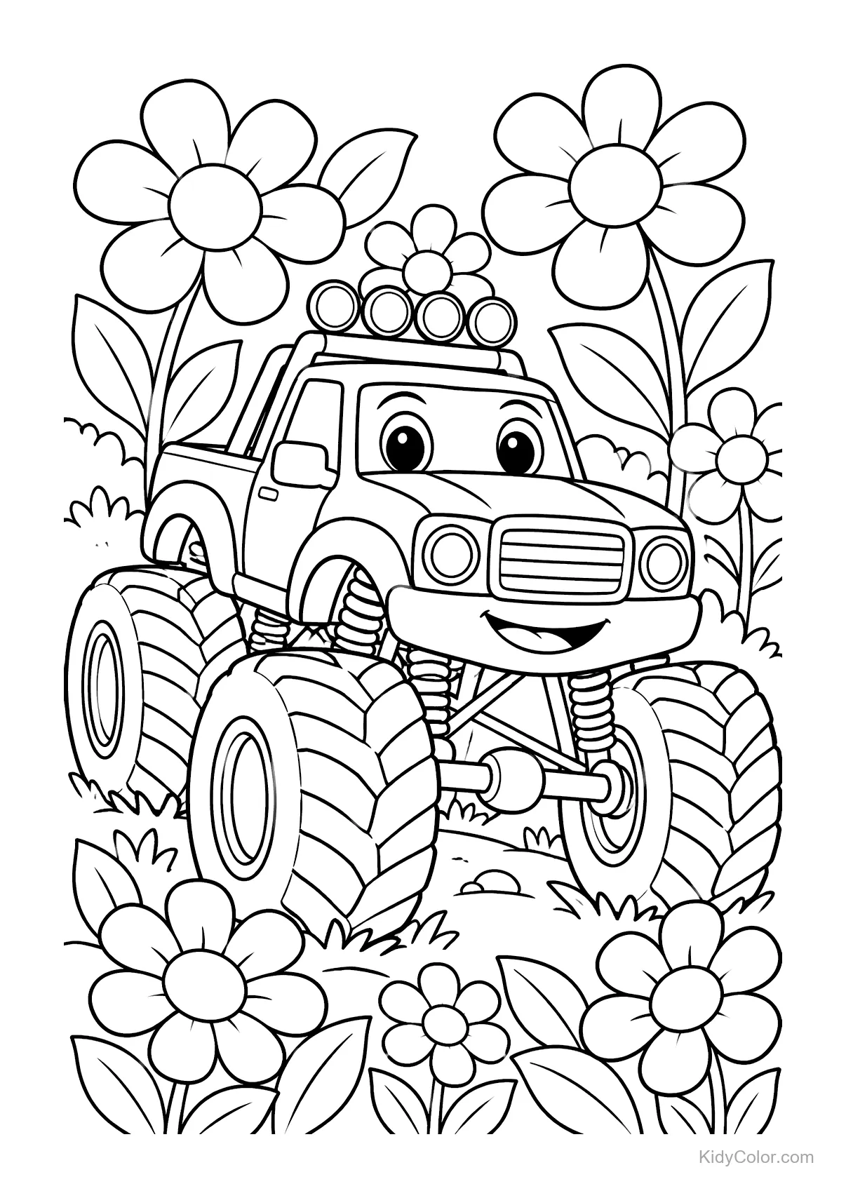 Ein lächelnder Monstertruck umgeben von großen Blumen in einem Garten.