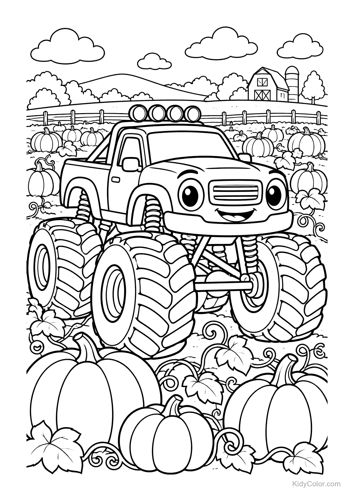 Ein lächelnder Monstertruck in einem Kürbisfeld mit großen Rädern.