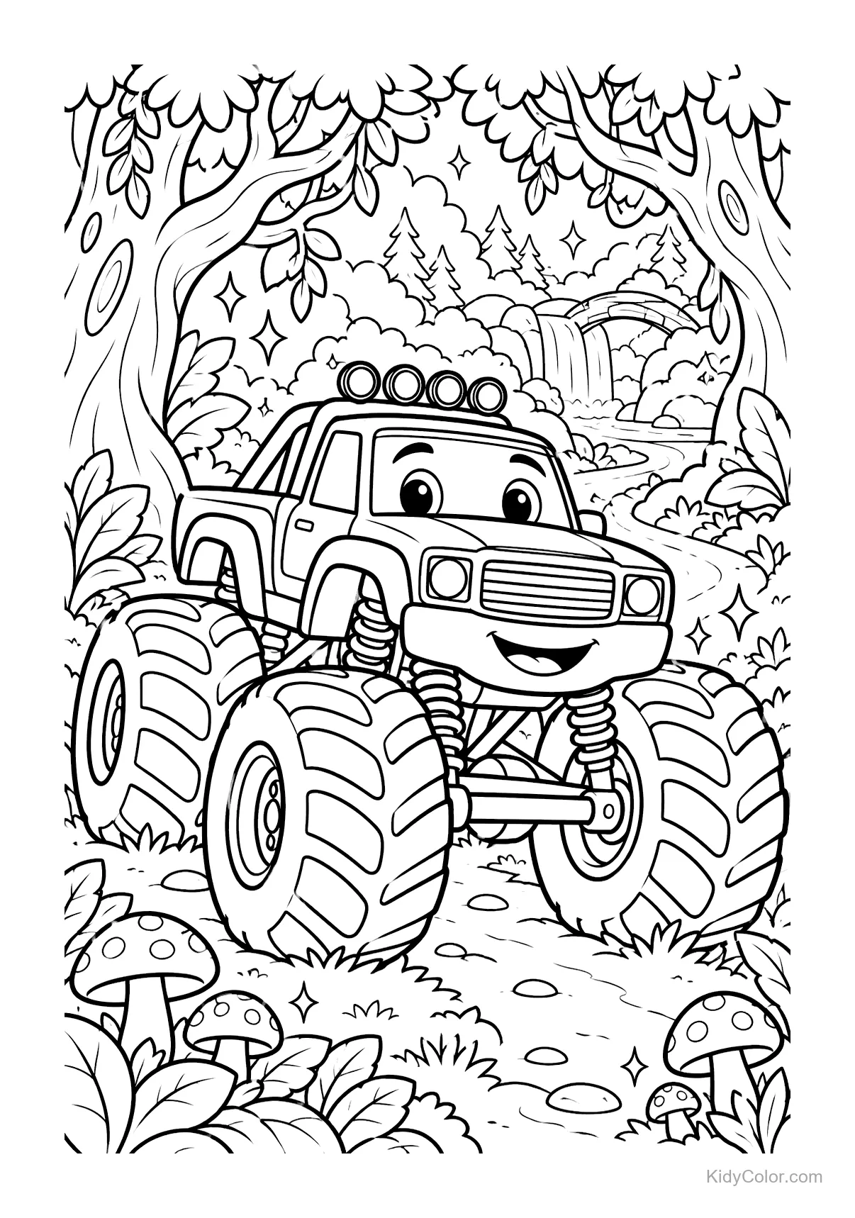 Un camion monstre amical roulant dans une clairière de forêt magique.
