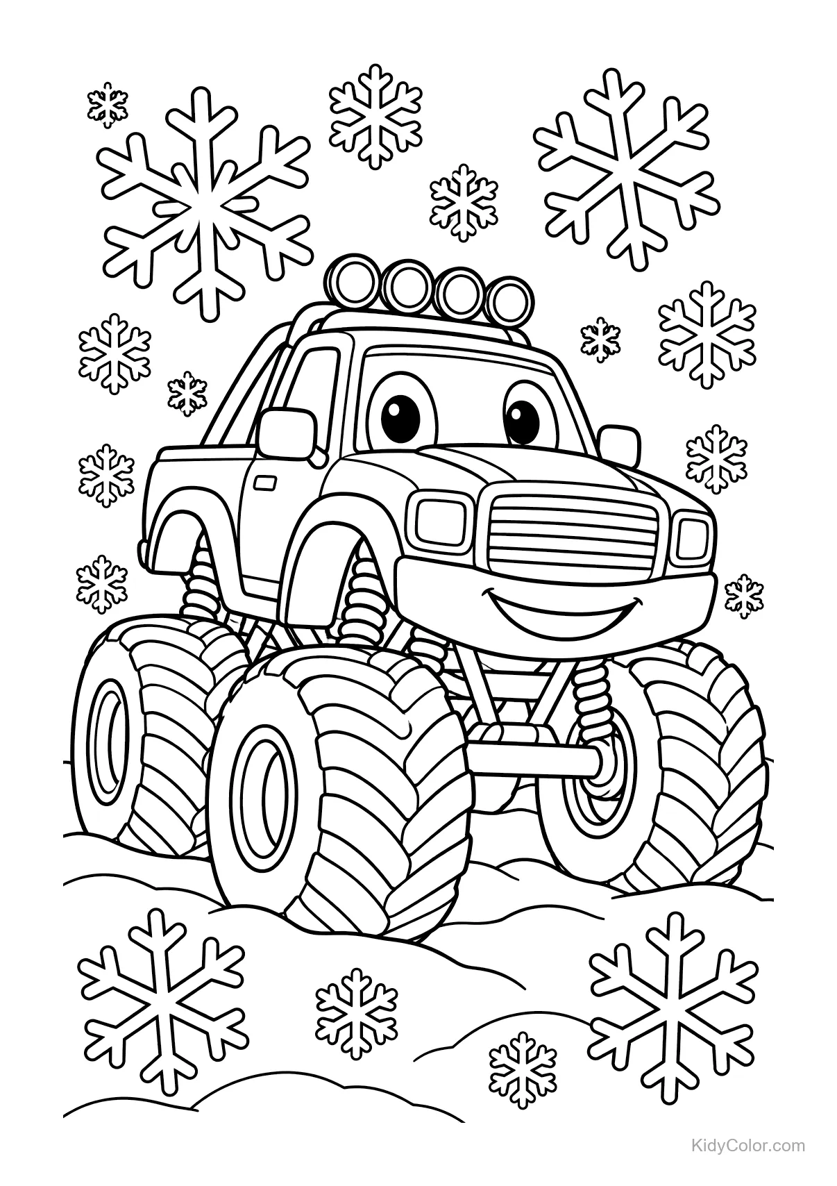 Monstertruck met grote banden omringd door sneeuwvlokken.