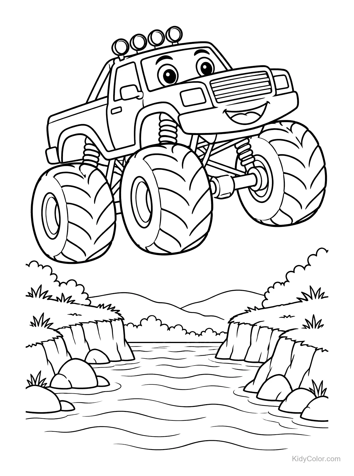 Monstertruck mit großen Rädern springt fröhlich über einen Fluss.