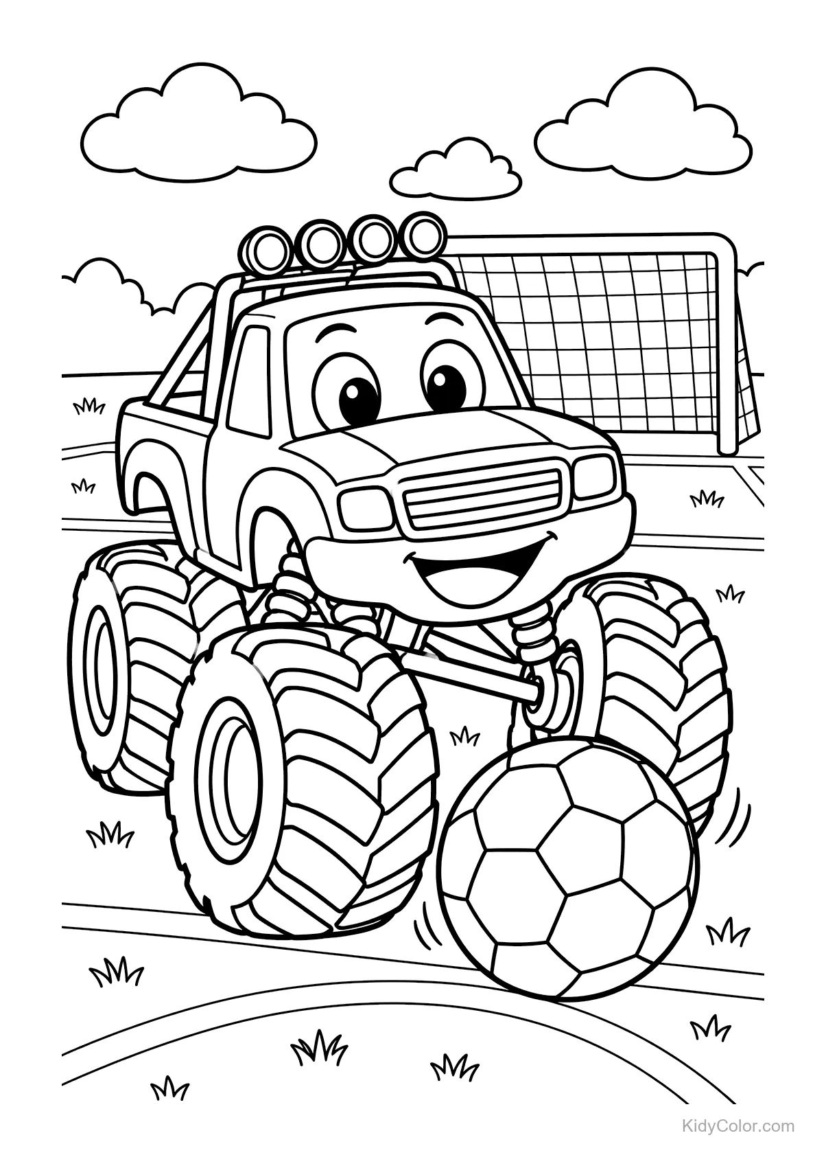 Monstertruck kickt einen Fußball nahe einem Tor auf Gras.