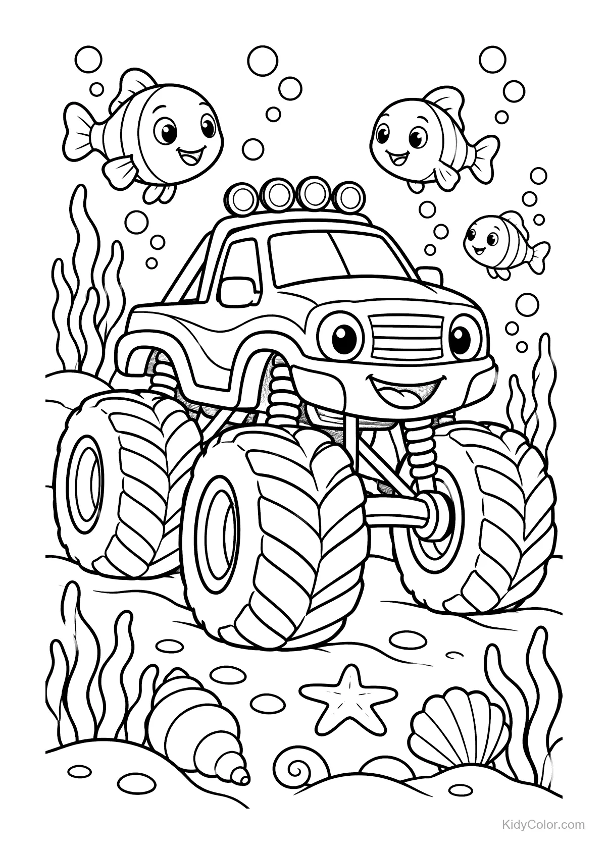 Monstertruck unter Wasser mit Fischen und Muscheln.
