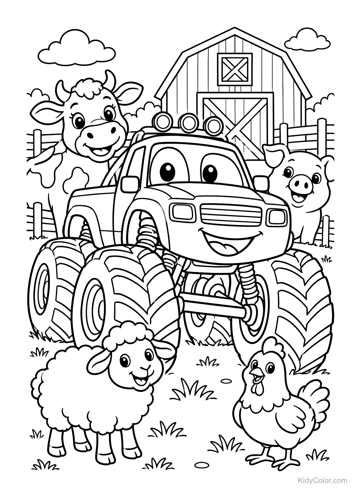 Monster truck at a farm with a cow, pig, sheep, and chicken.