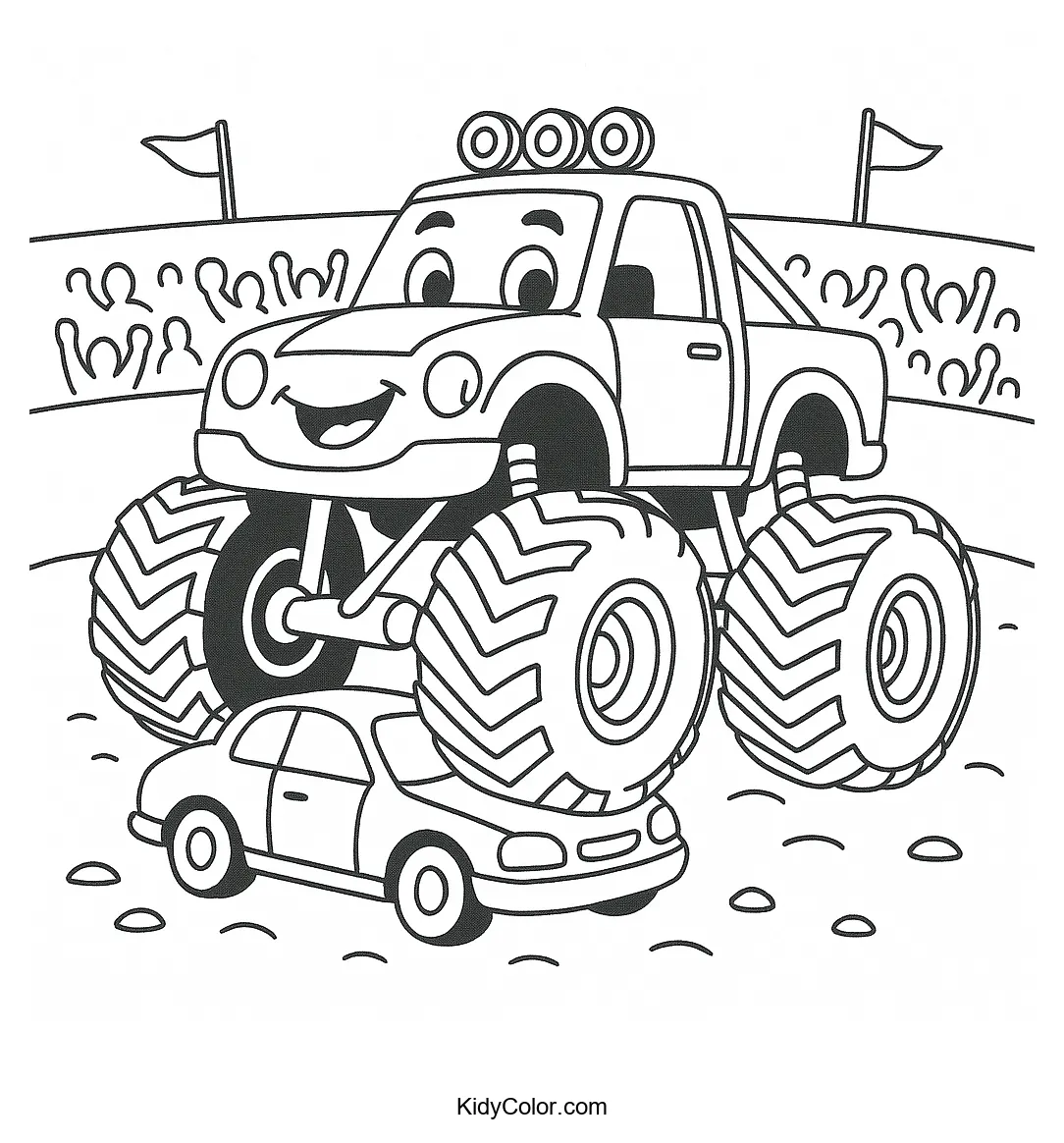 Monster truck driving over a crushed car