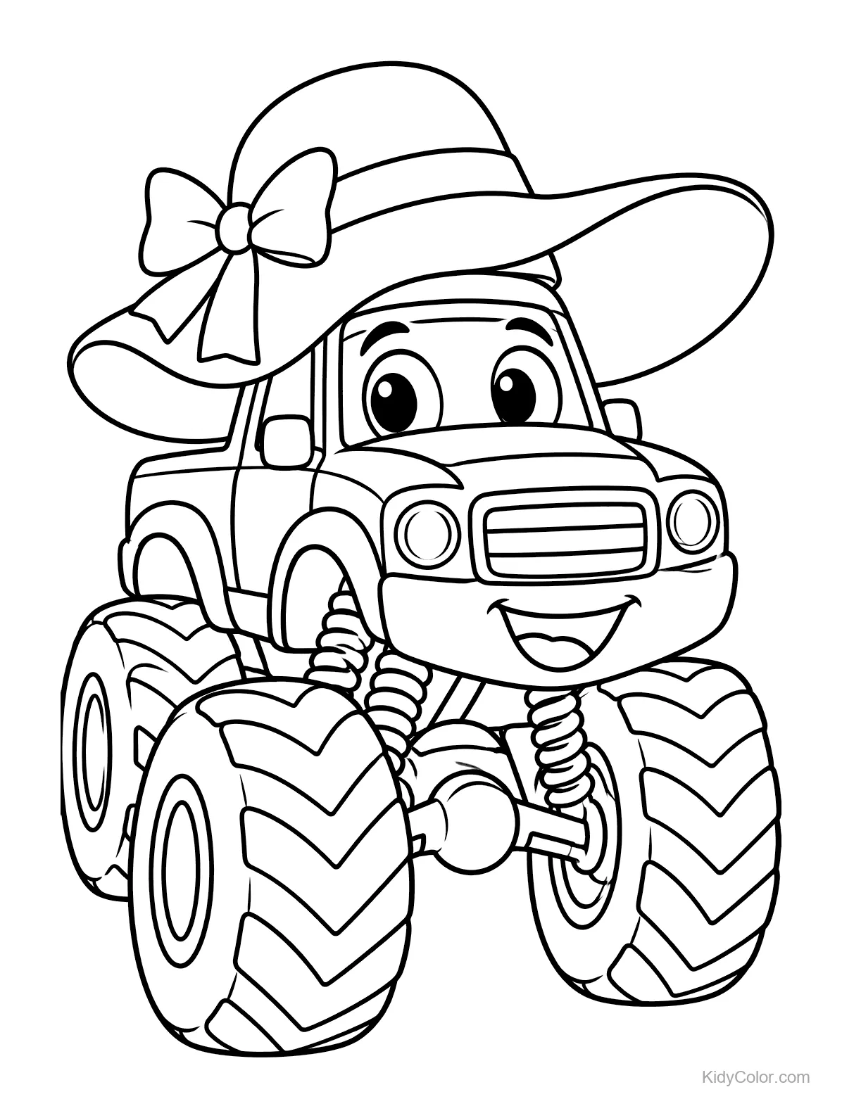 Camion monstre avec de grandes roues et un chapeau de soleil, souriant.
