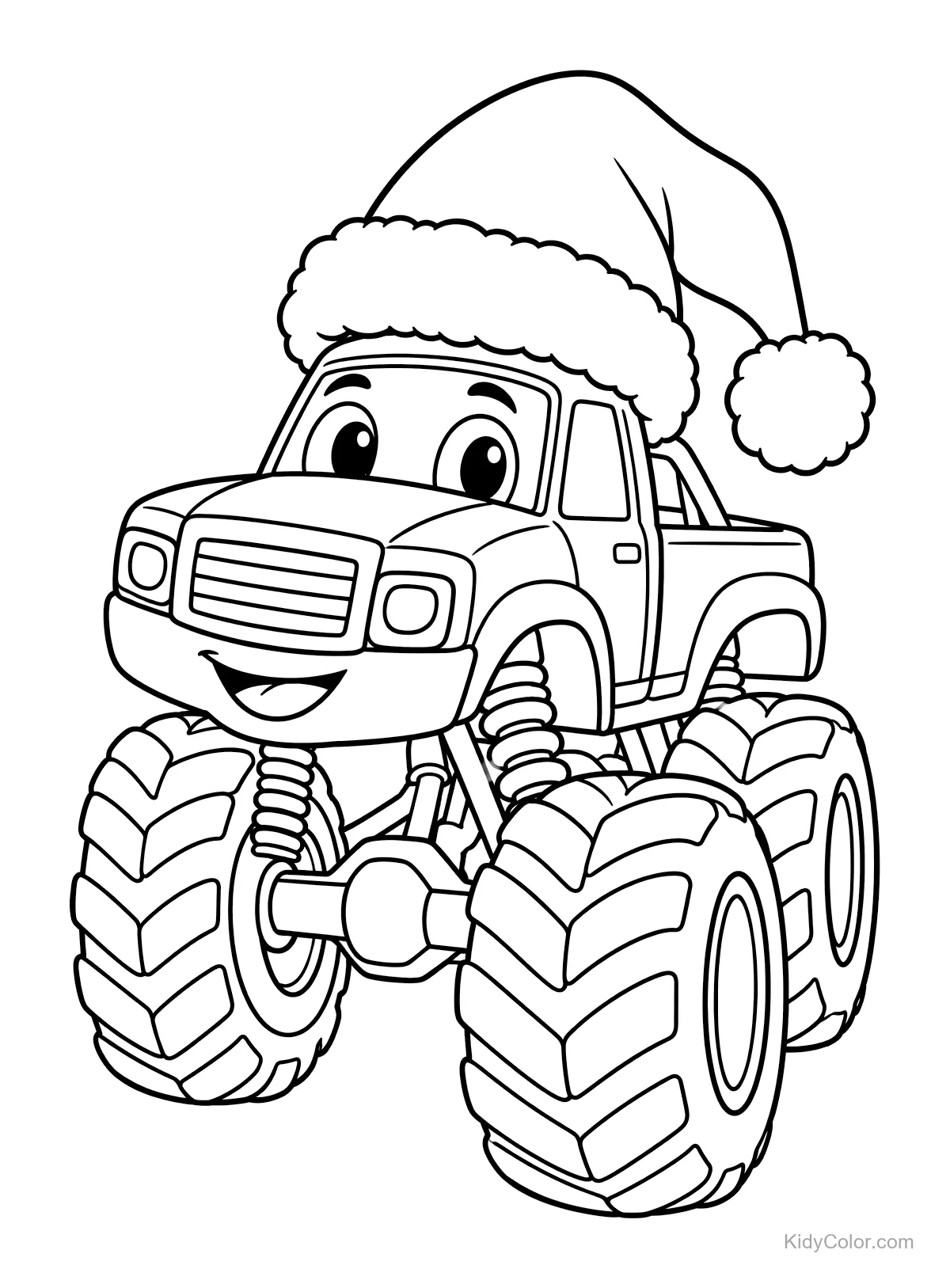 A monster truck with a Santa hat, ready to color.