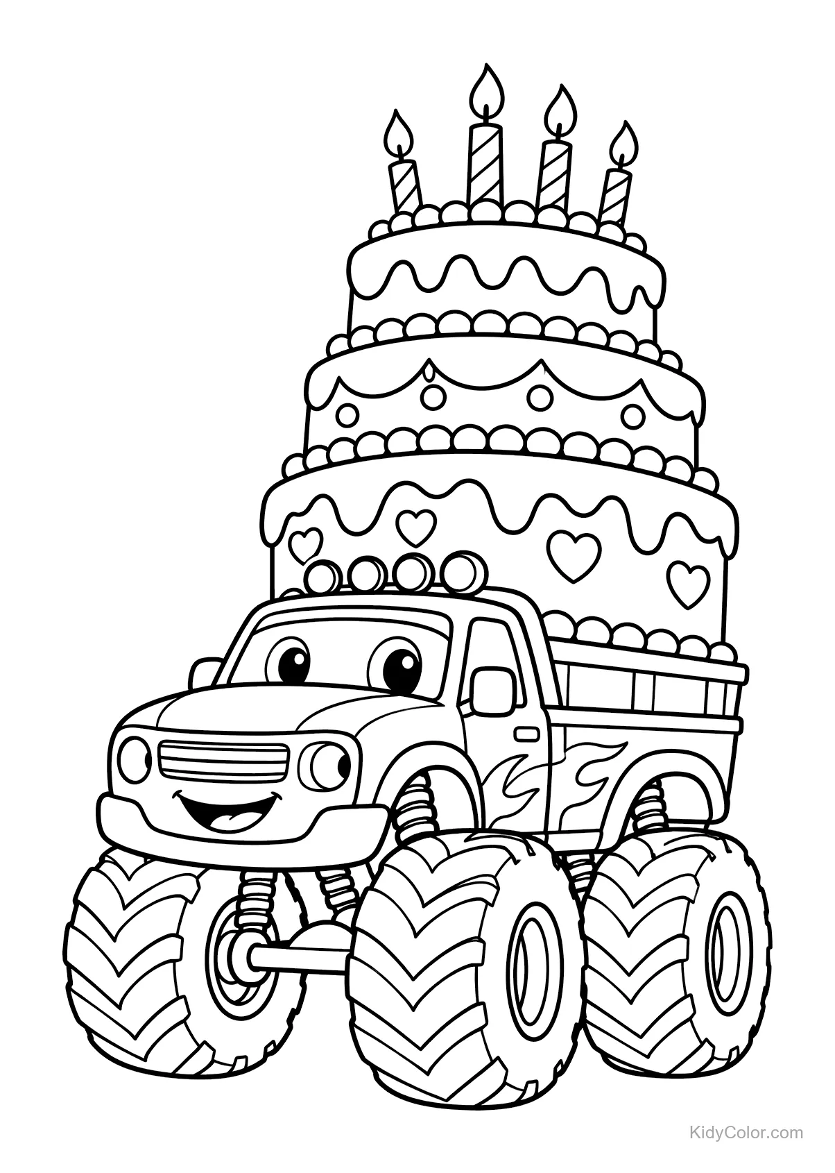 Caminhão monstro carregando um grande bolo de aniversário com velas.