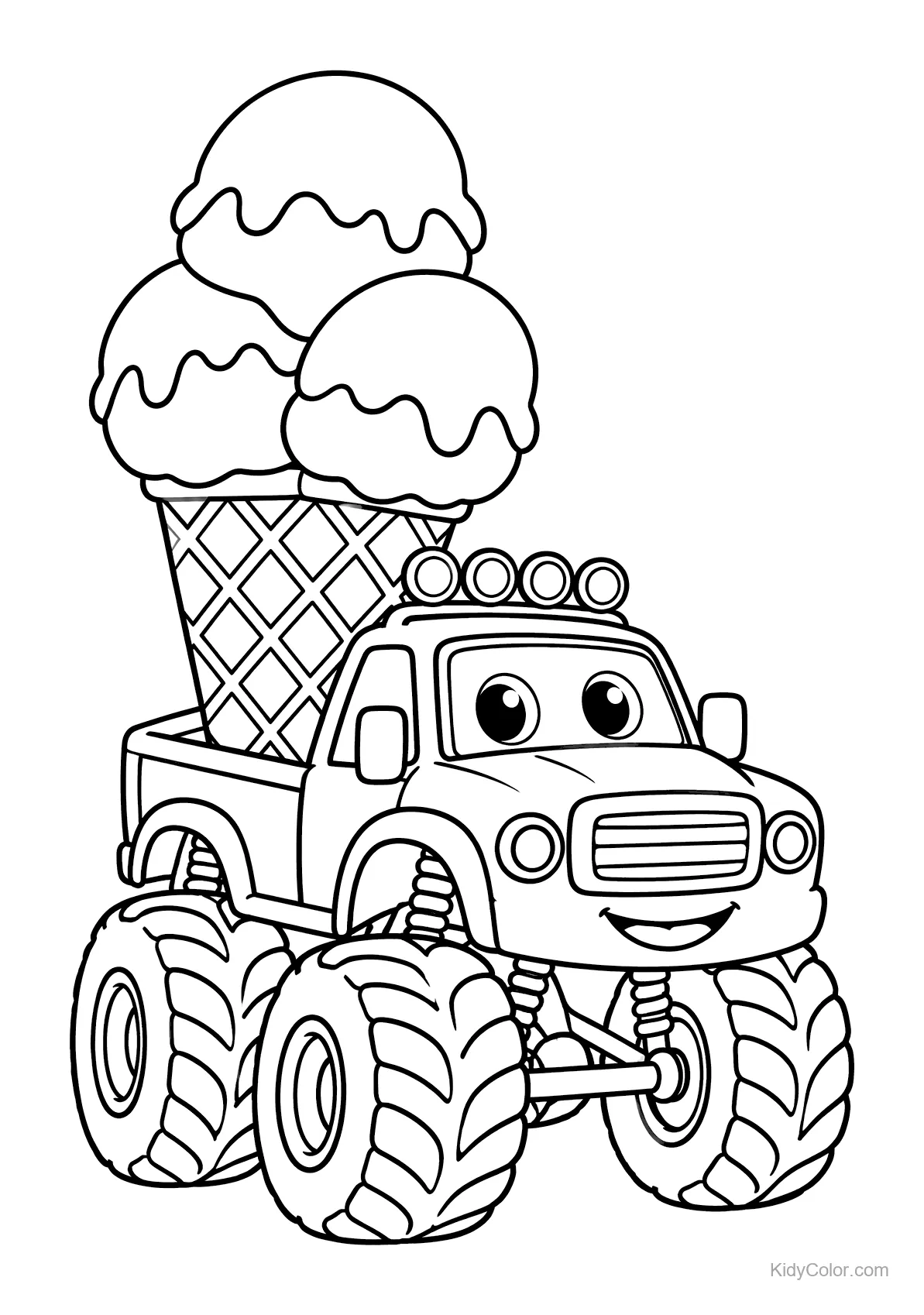 Camión monstruo con un cono de helado gigante y cara sonriente.