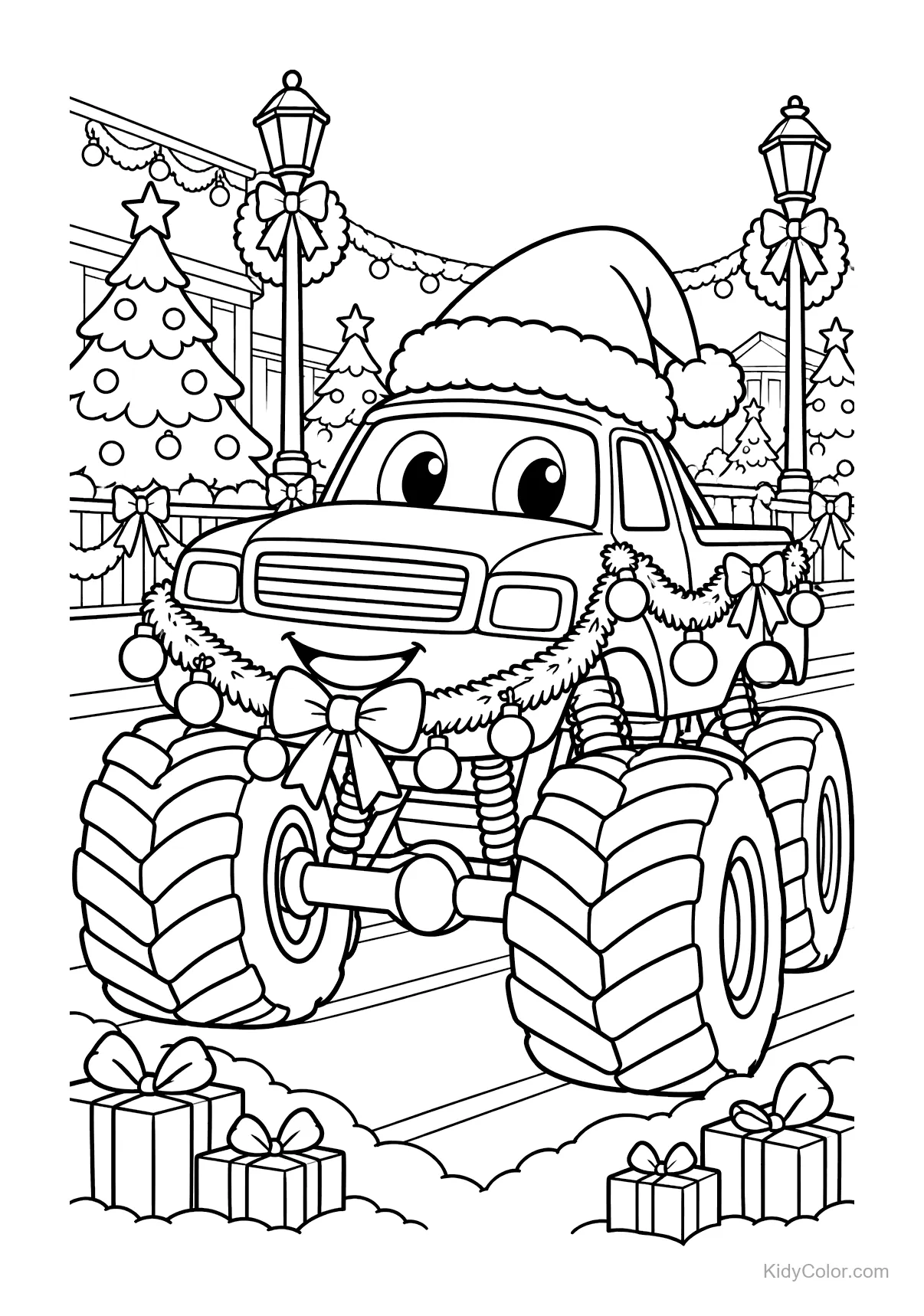 Caminhão monstro com gorro de Papai Noel e enfeites de Natal.