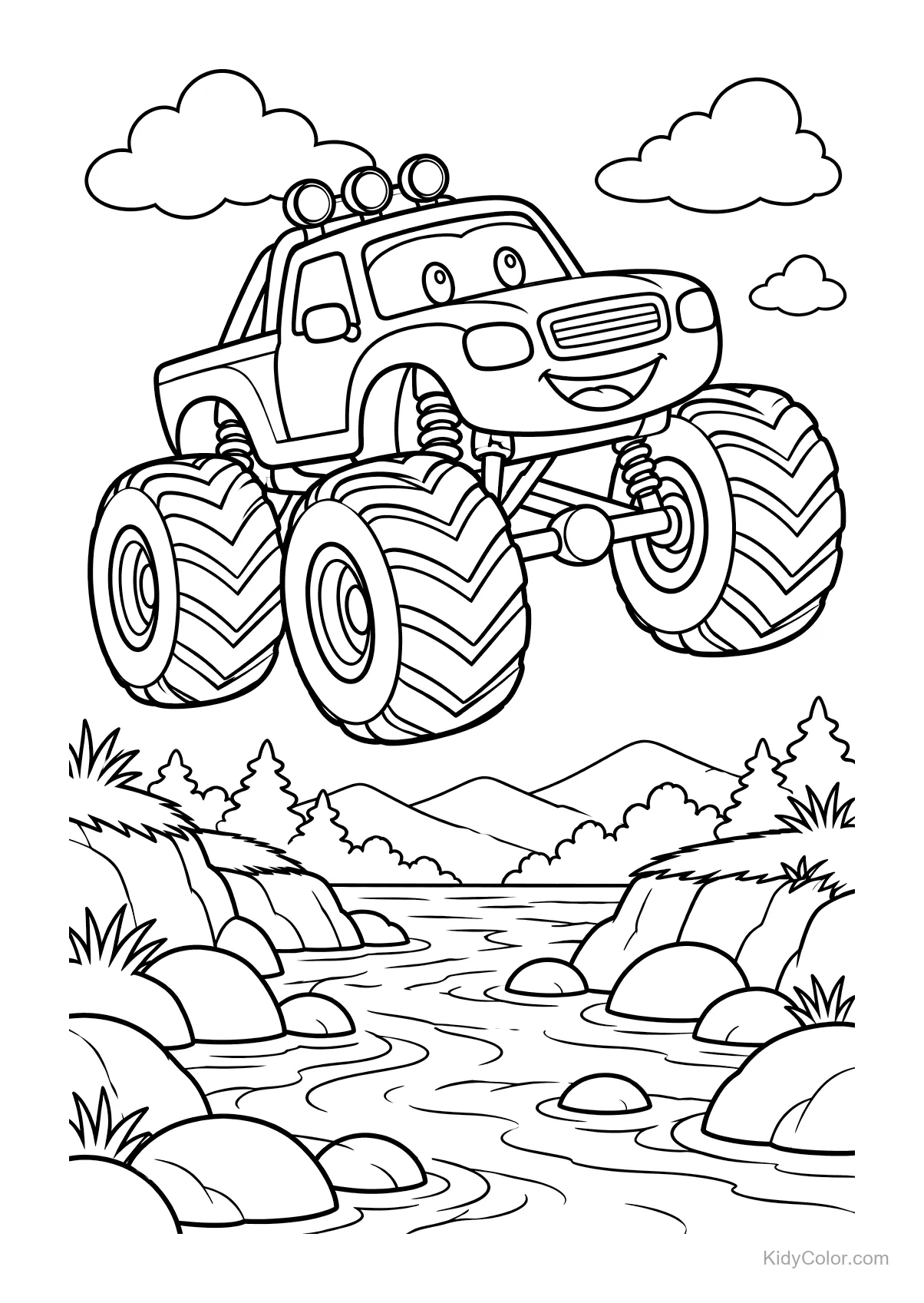 A monster truck with a smile driving over a river with clouds and trees.