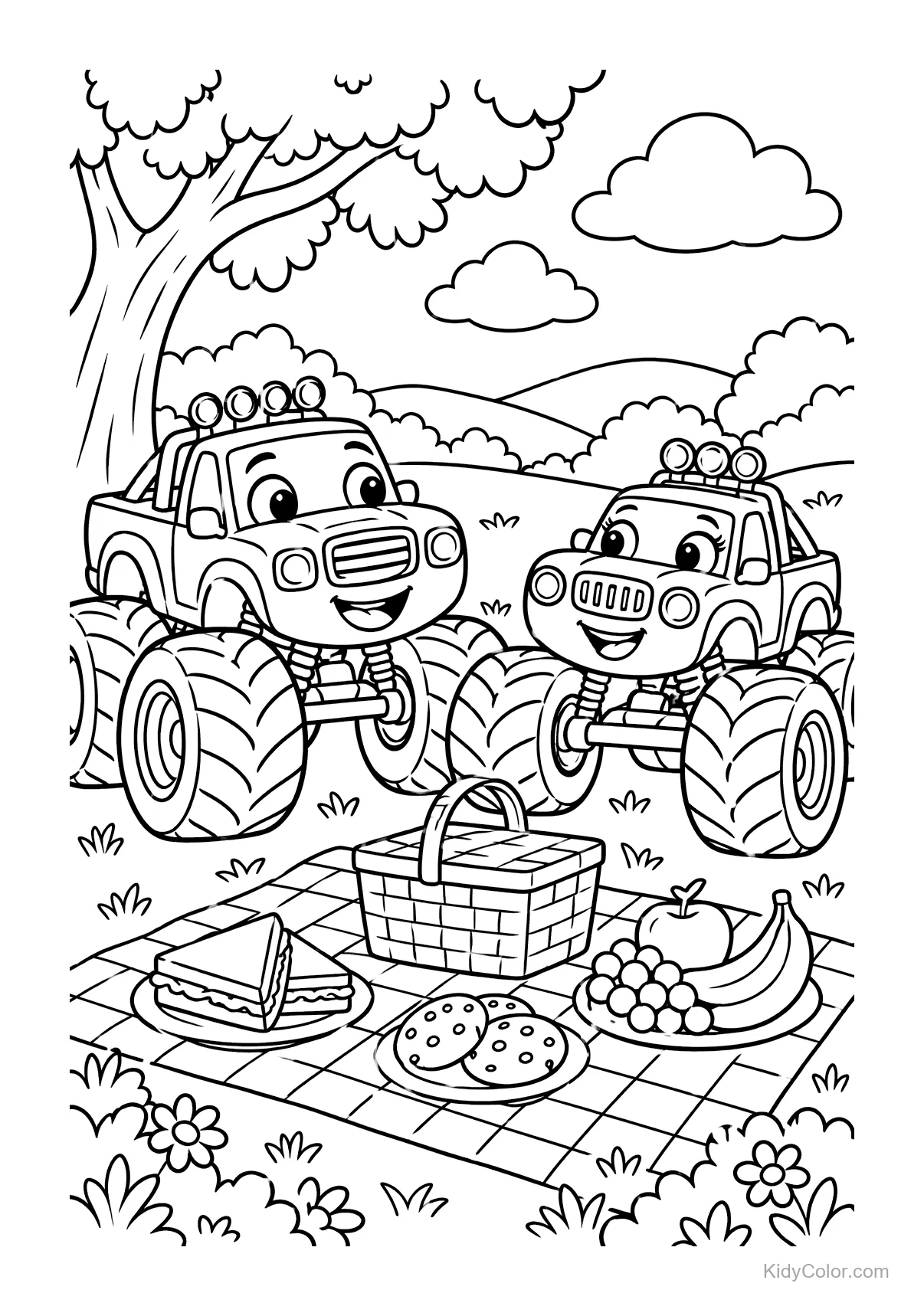 Due monster truck cartone animato a un picnic con cestino e snack.