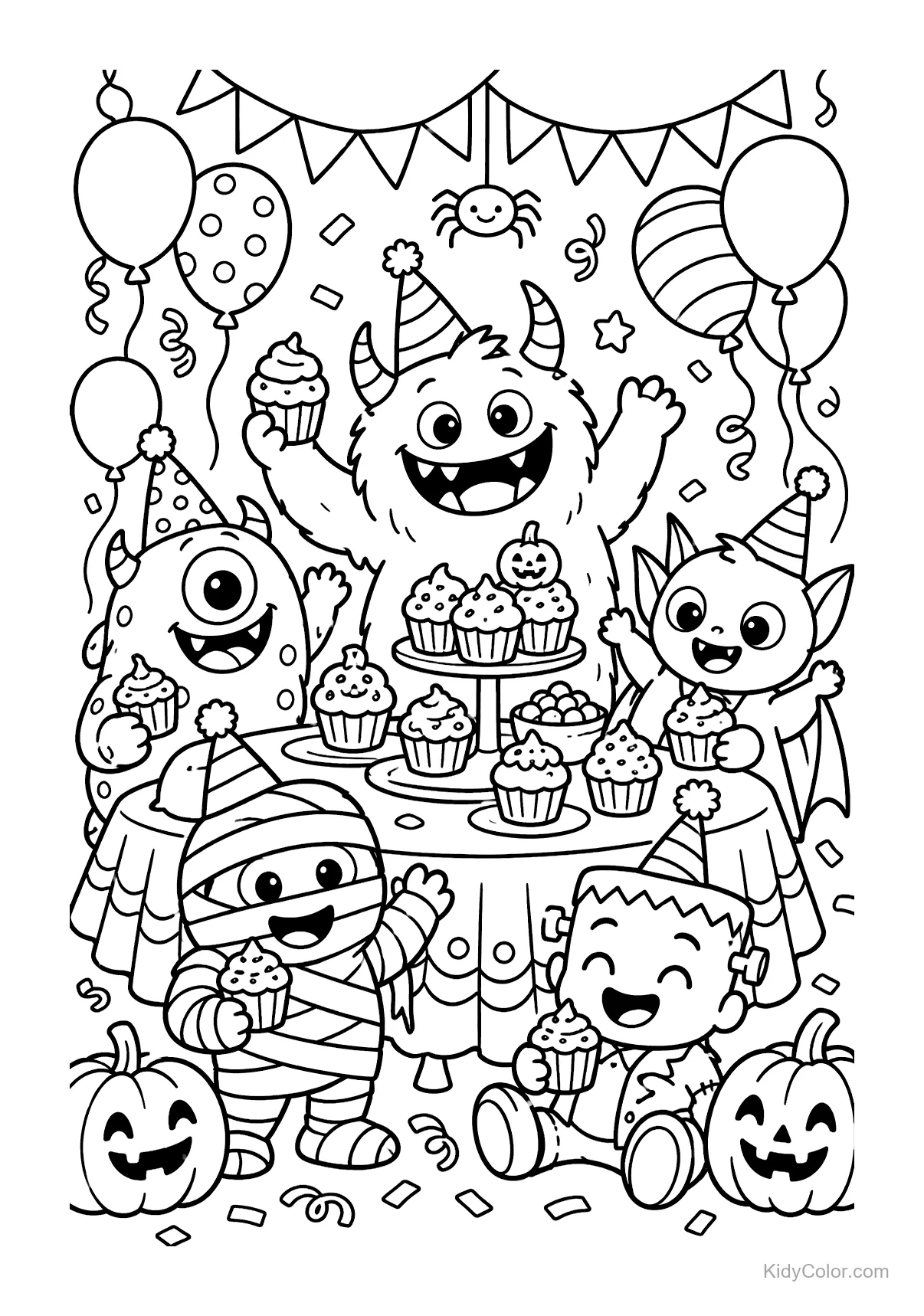 Monstruos en una fiesta de Halloween con cupcakes y globos.