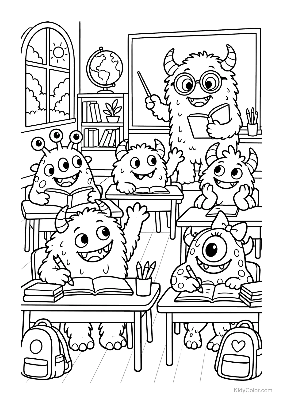 Monstruos sentados en pupitres con un maestro monstruo.